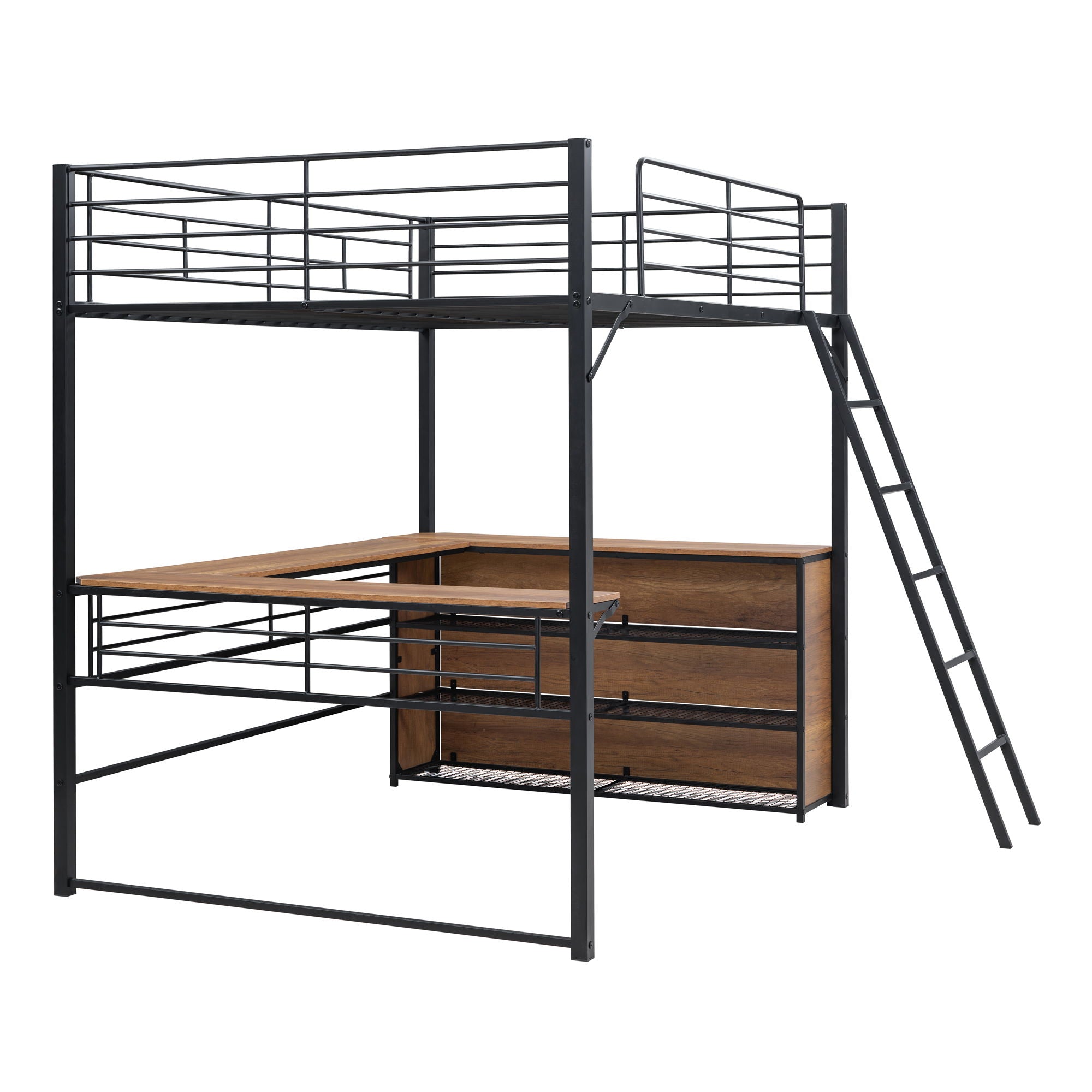 Loft Bed & 3 Layers Of Shelves And L-Shaped Desk