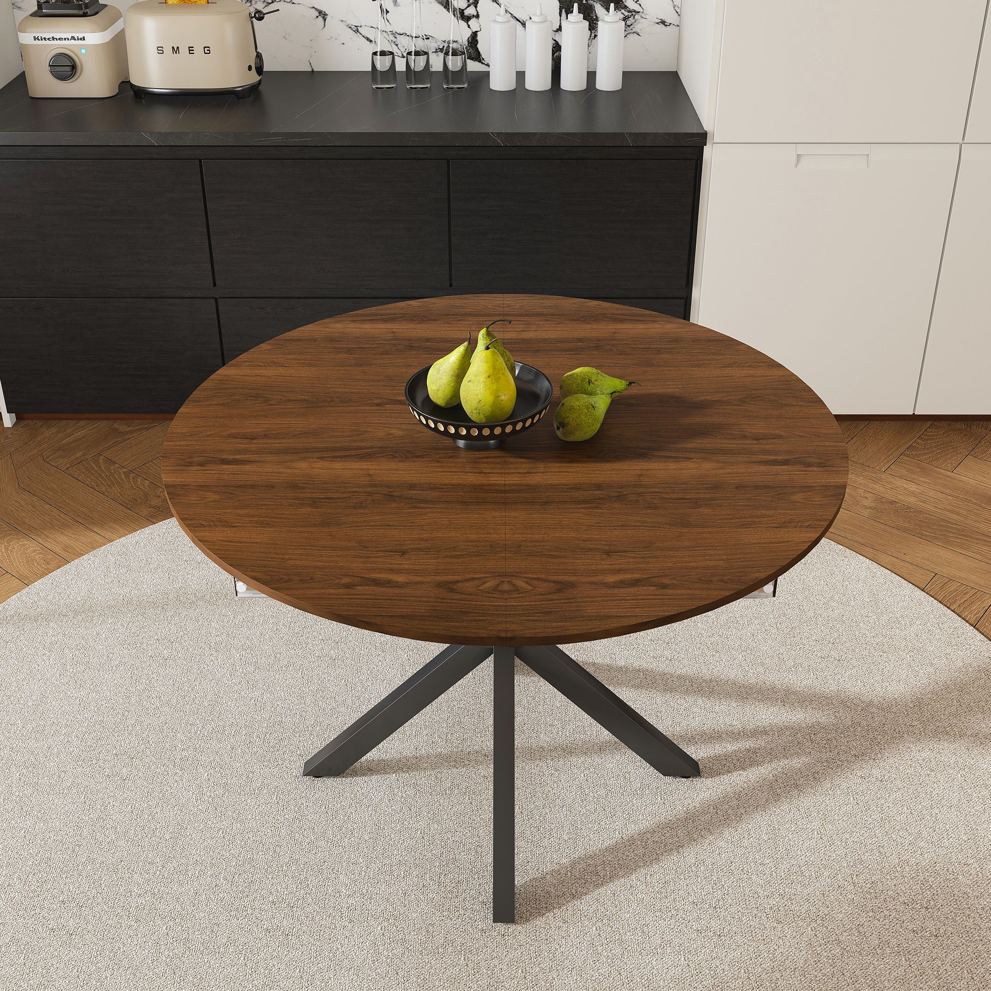 Retractable Dining Table, Round Extendable 6 Person Table - Walnut