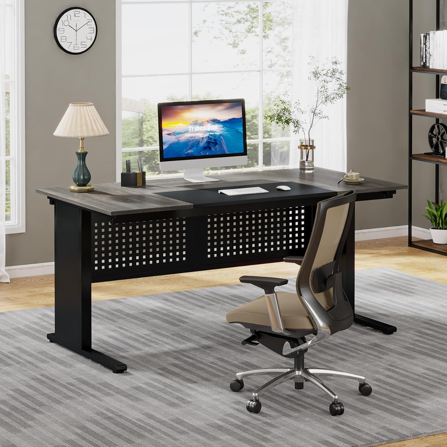 L-Shaped Executive Desk With File Cabinet , Office Workstation With Drawers, Shelves & Storage