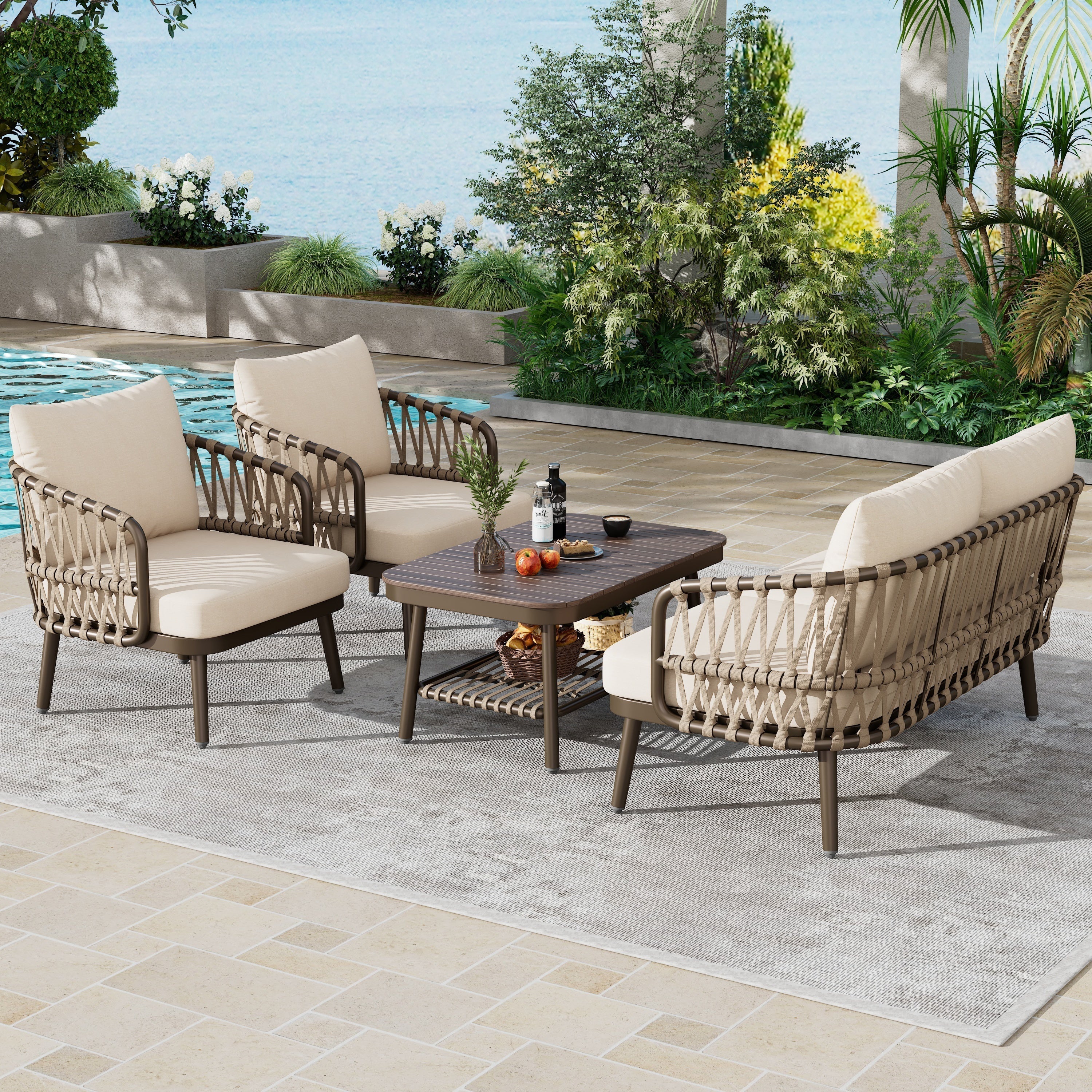 4-Piece Outdoor Patio Furniture Set with Metal Frame and Woven Rope