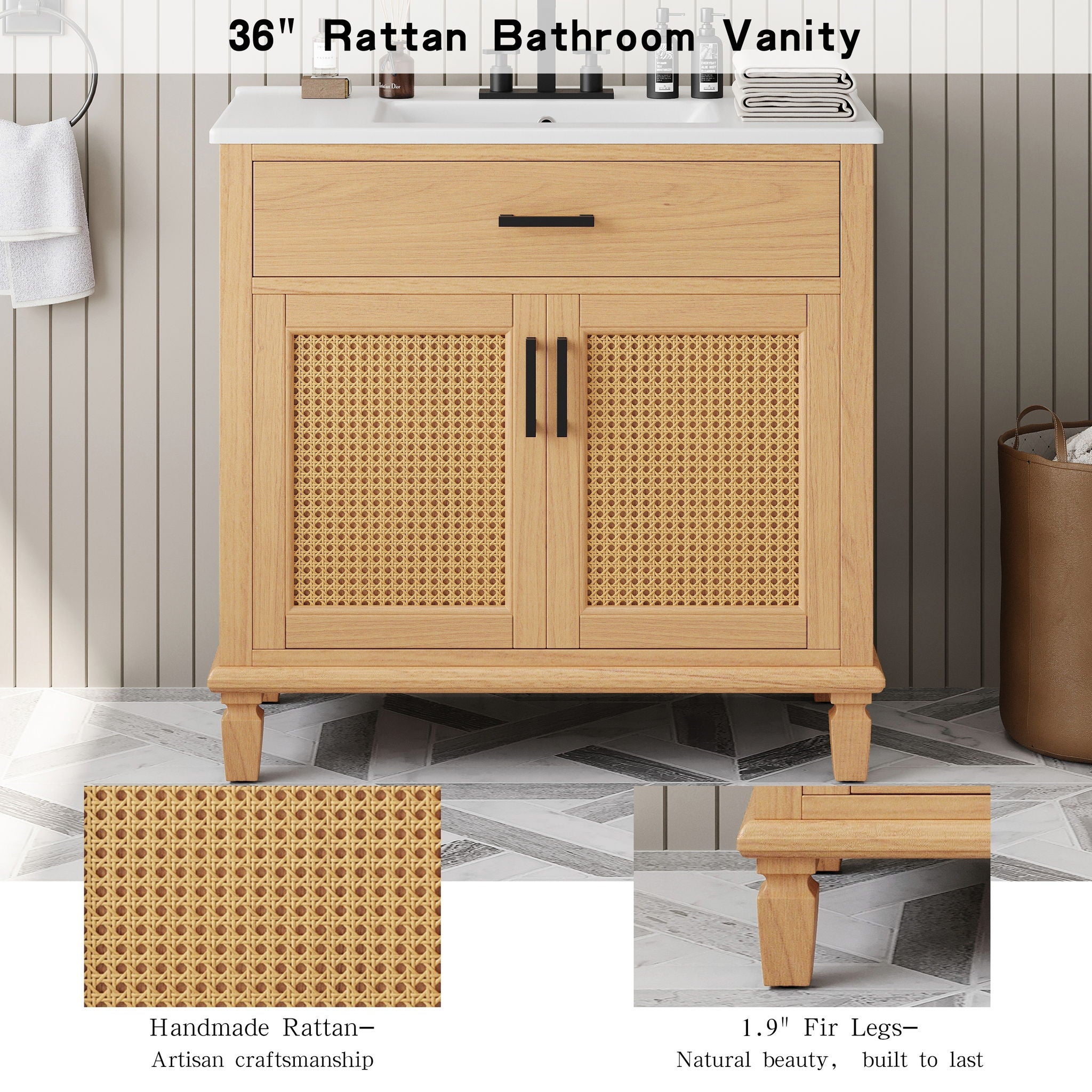 Bathroom Vanity With Ceramic Sink, Modern Free Standing Cabinet With Soft Close Drawers