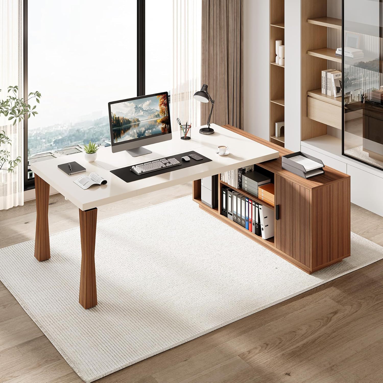 L-Shaped Executive Desk With Storage Cabinet, Home Office Workstation With Shelves - White / Walnut