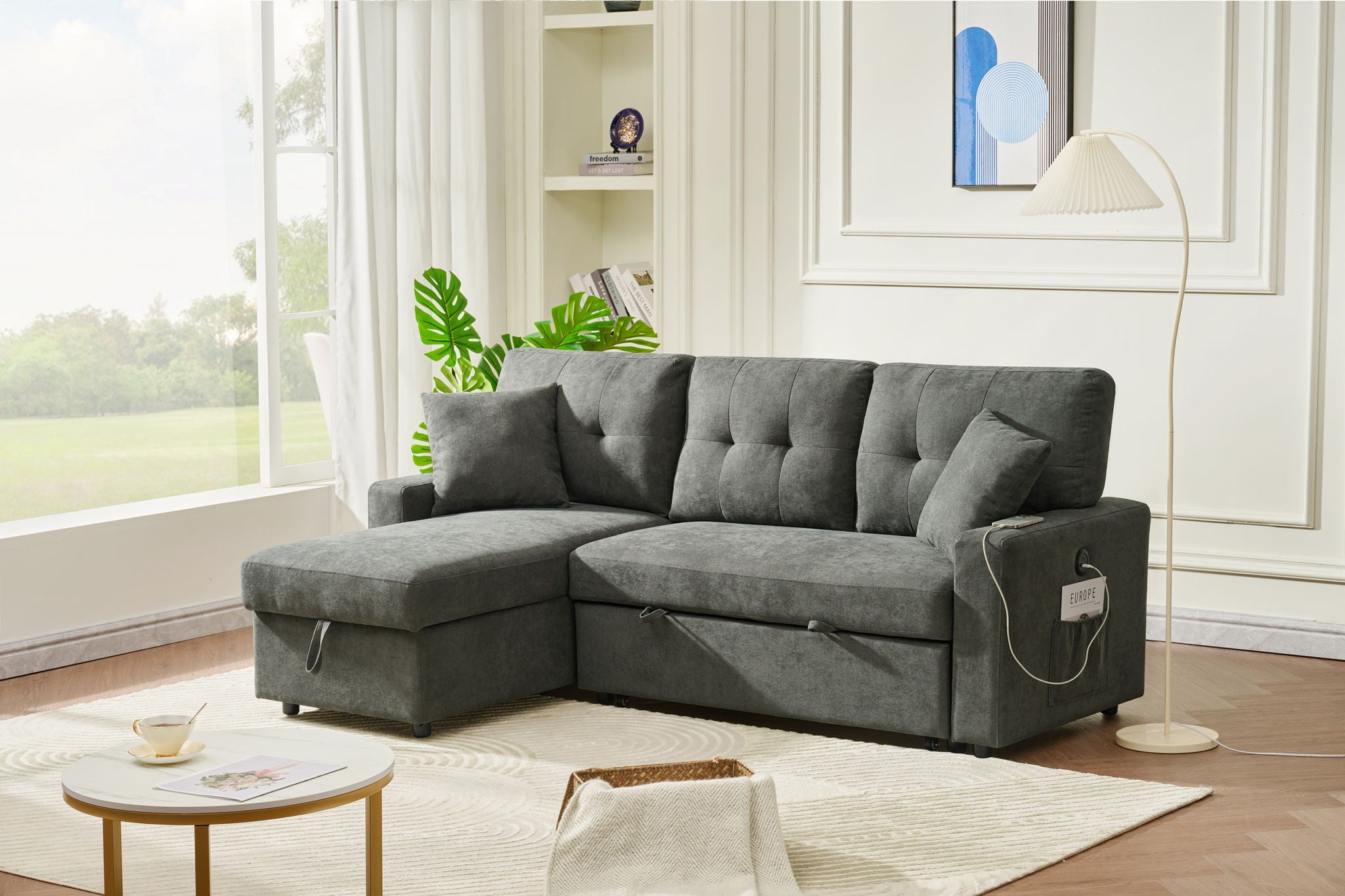 Reversible Sofa Couch Sleeper With Pull Out Bed And USB Port