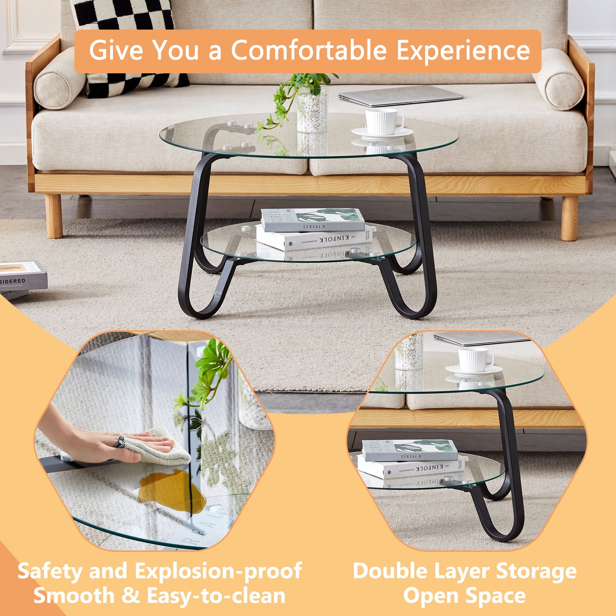 Retro Minimalist Style Metal Frame Double Layer Tempered Glass Coffee Table