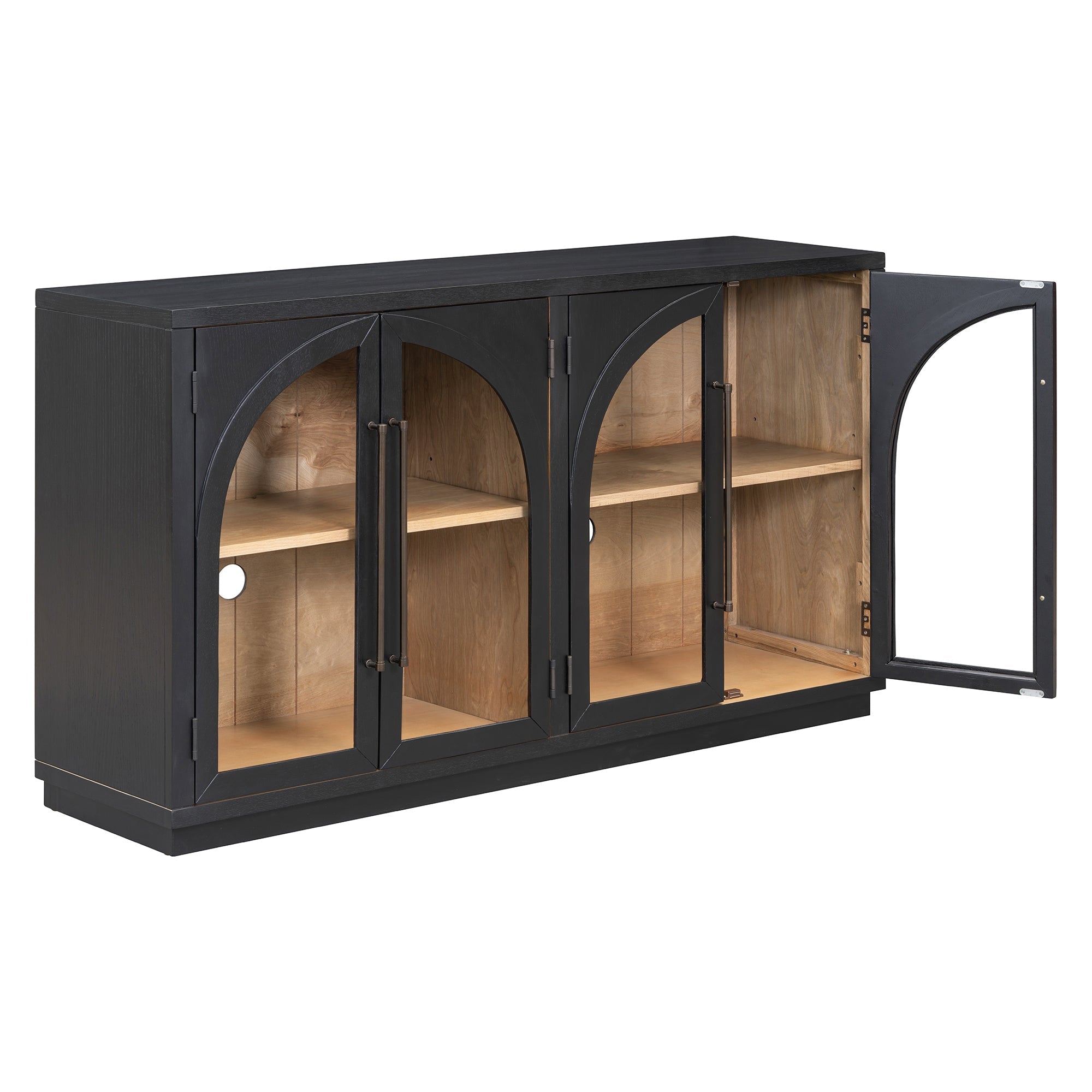 4-Door Large Storage Sideboard Buffet Cabinet with Glass Doors Arched Cabinet (Black)