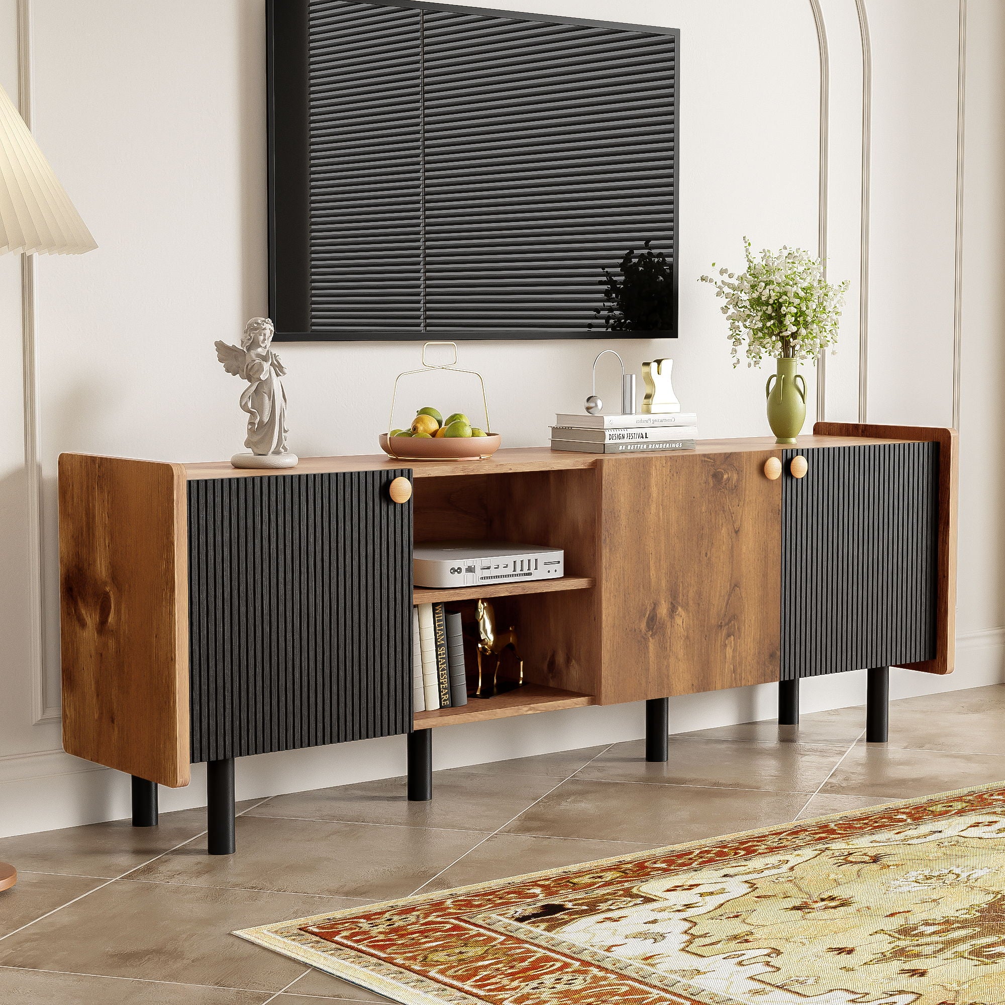 Mid Century TV Stand & 3 Cabinets, Media Console Table For Tvs Up To 70'', Entertainment Center With Storage For Living Room - Black / Brown