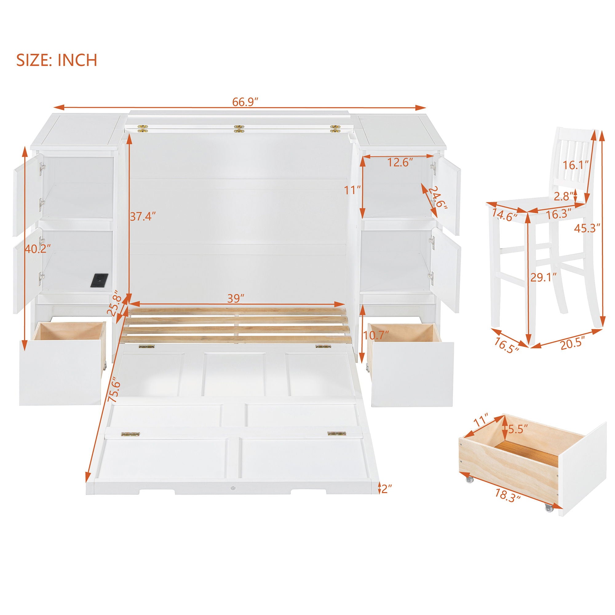 Murphy Bed With Drawers, Cabinets, And USB Ports