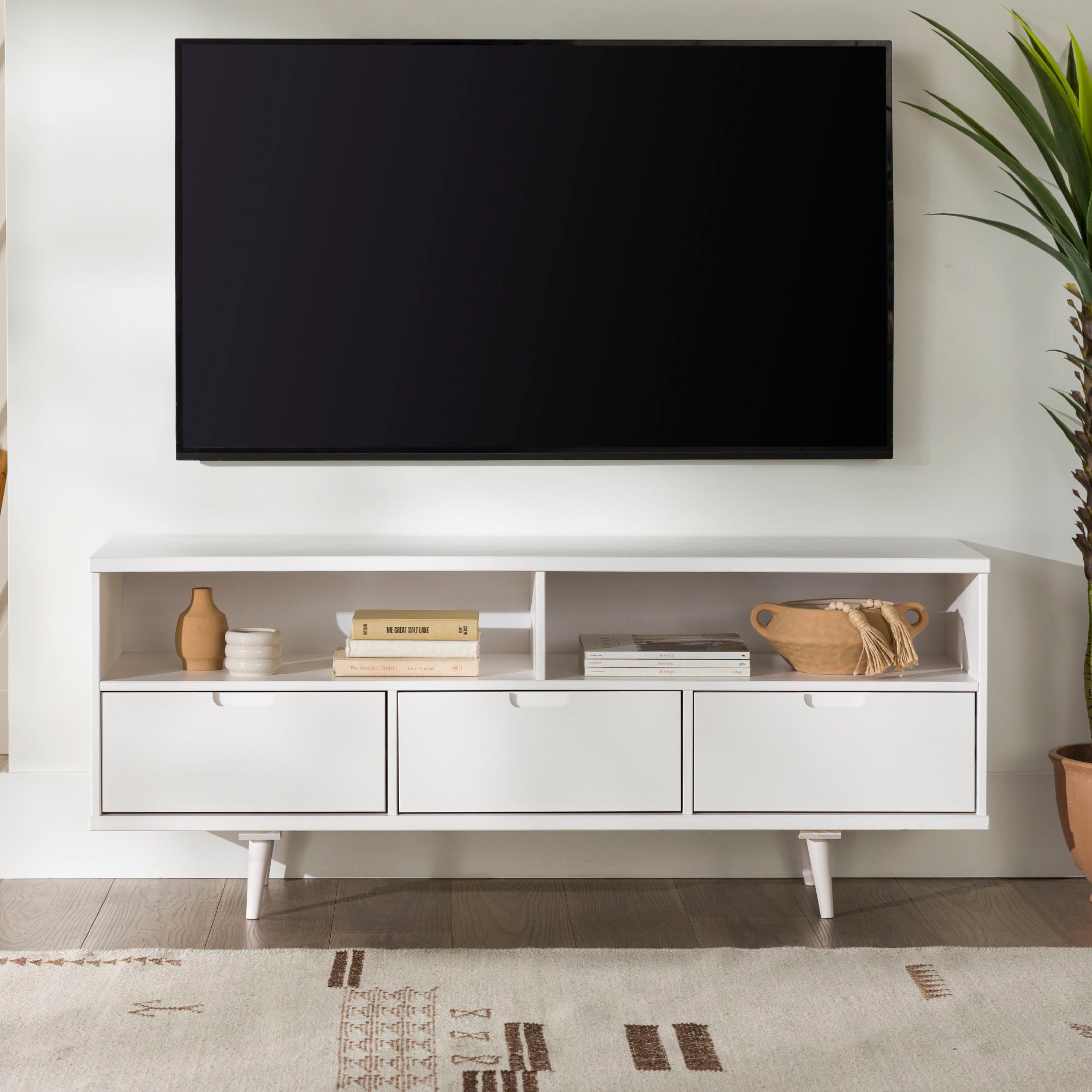 Mid-Century Modern Minimalist 3 Drawer Corner TV Stand For TVs Up To 58