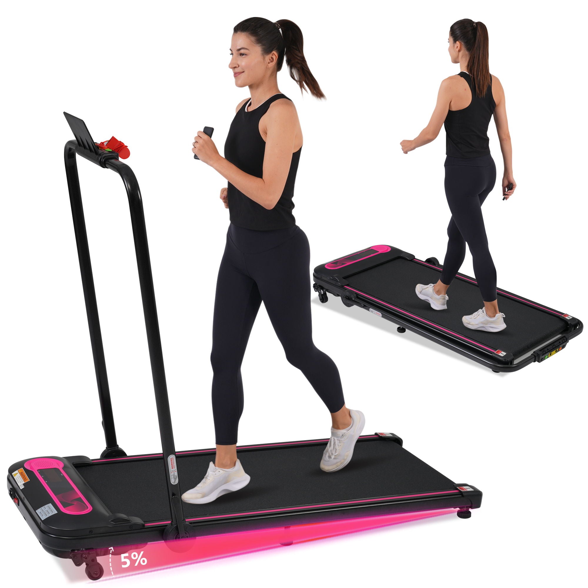 Folding Walking Pad Under Desk Treadmill For Home 2 Ways To Adjust Speed - Pink / Black