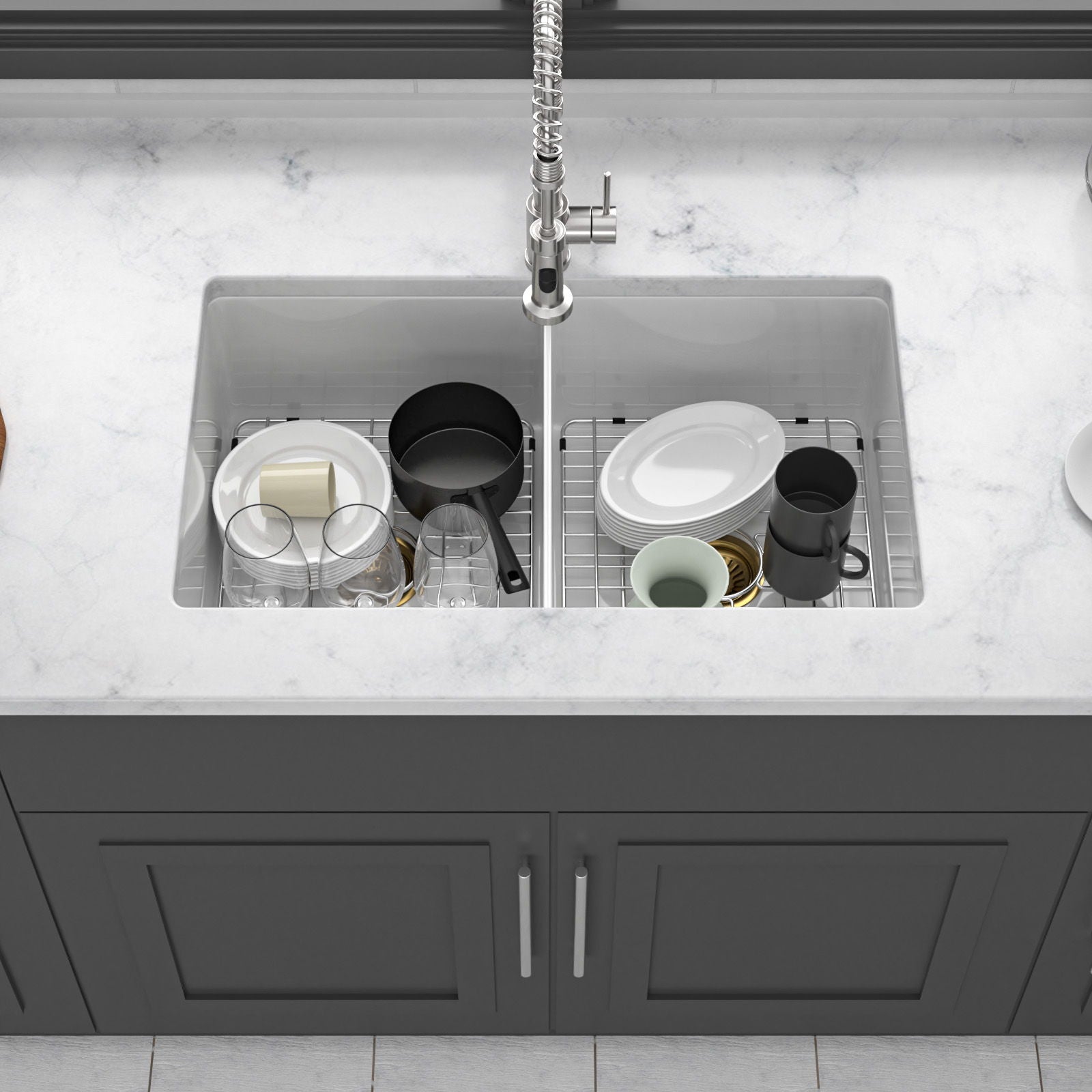 32" Undermount Double Bowl Kitchen Sink Rectangular Deep Dual Bas With Grids - White