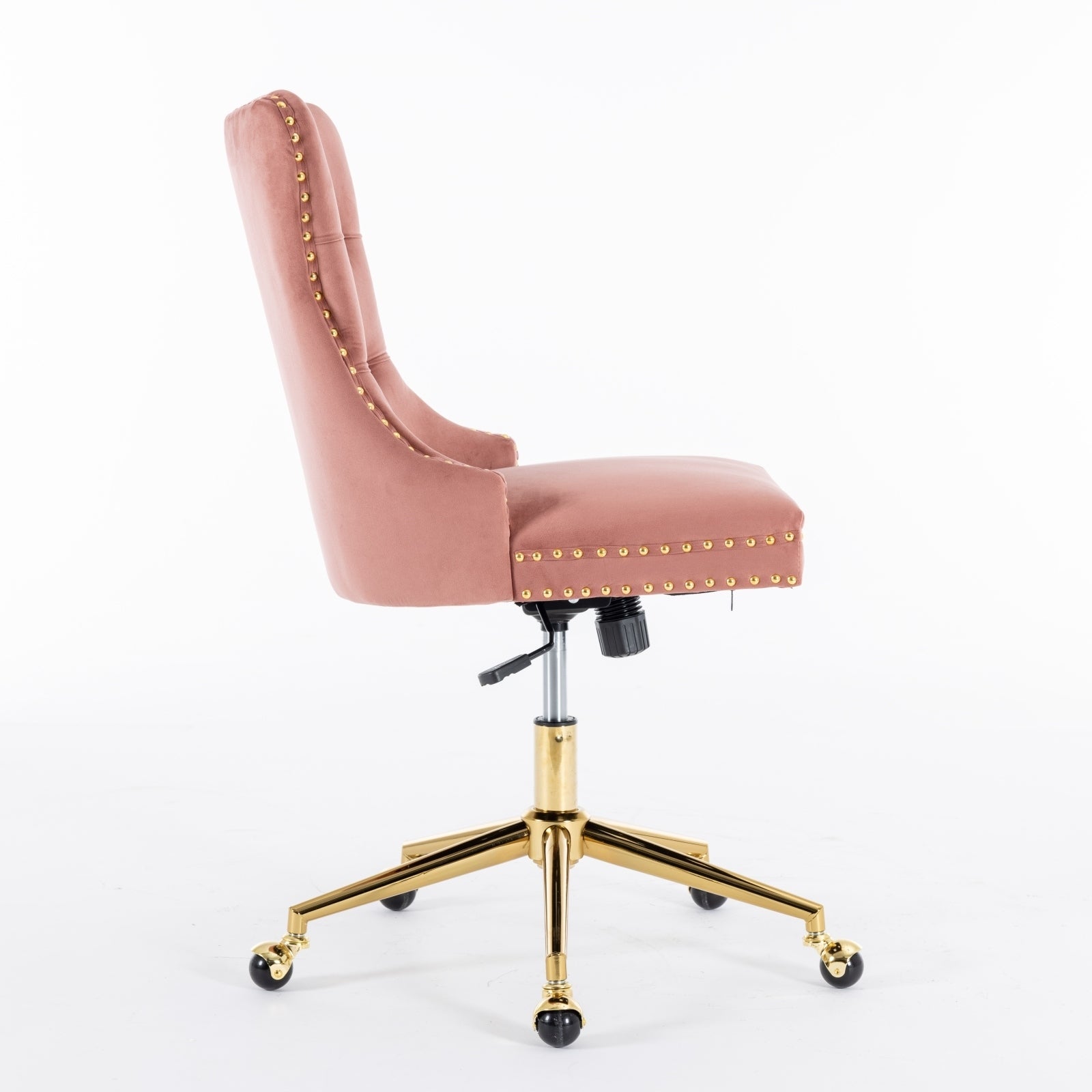 Velvet upholstered tufted chair with golden metal adjustable swivel base