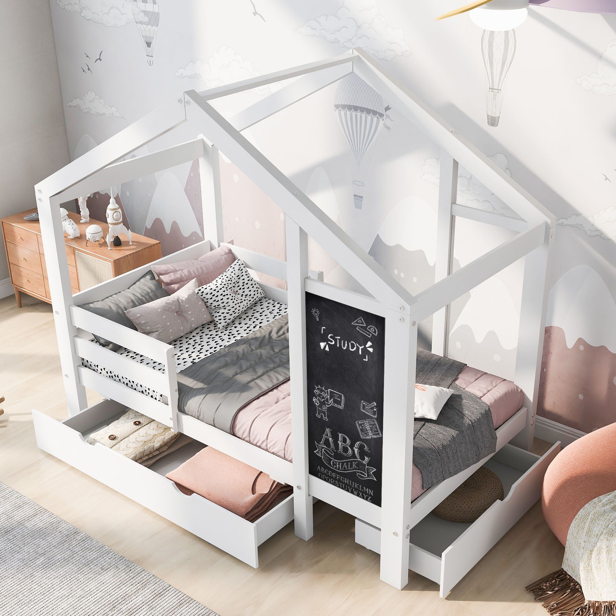 Twin House Bed With Blackboard And Drawers, 2 Assembly Options - White