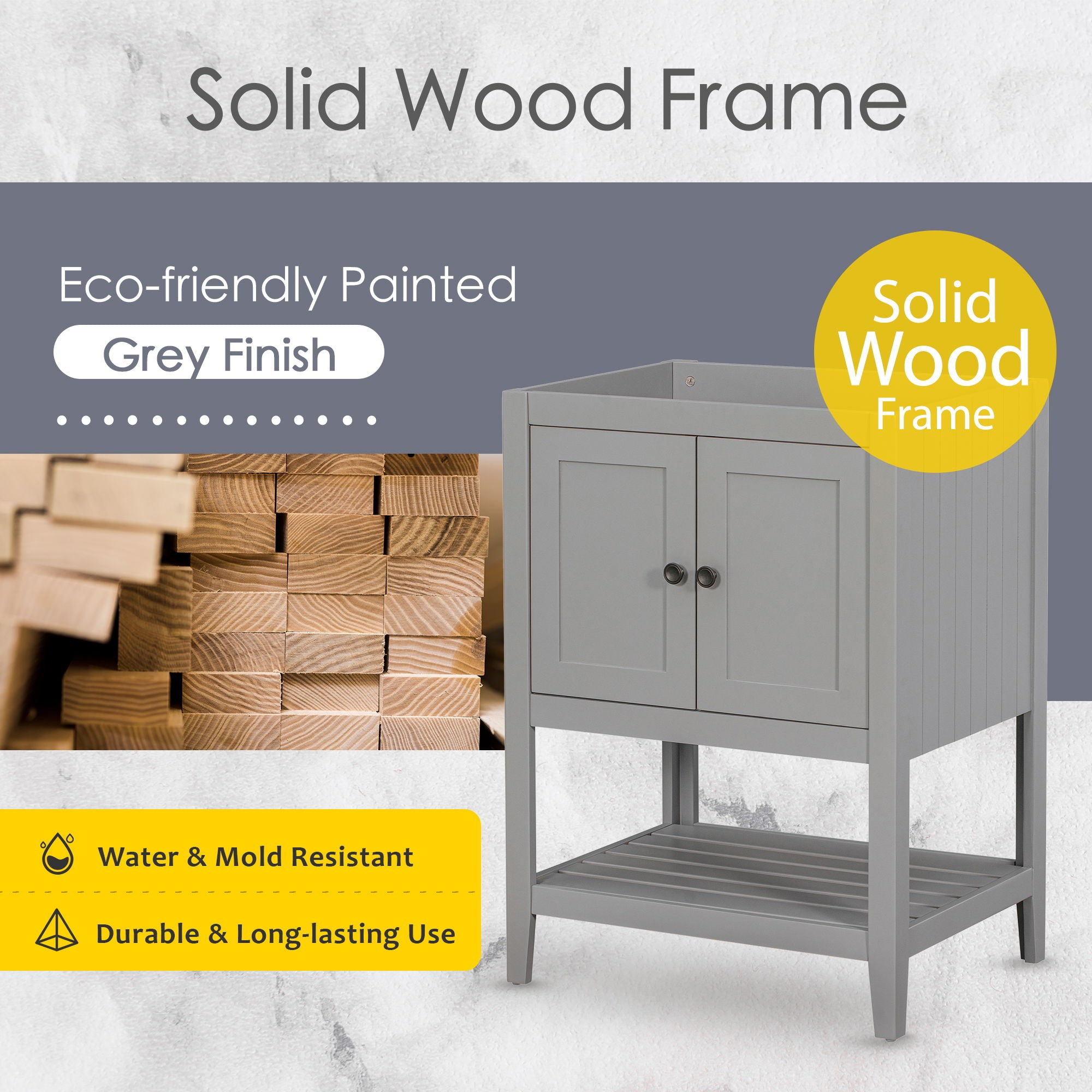 Bathroom Vanity Base Only, Soild Wood Frame, Bathroom Storage Cabinet With Doors And Open Shelf