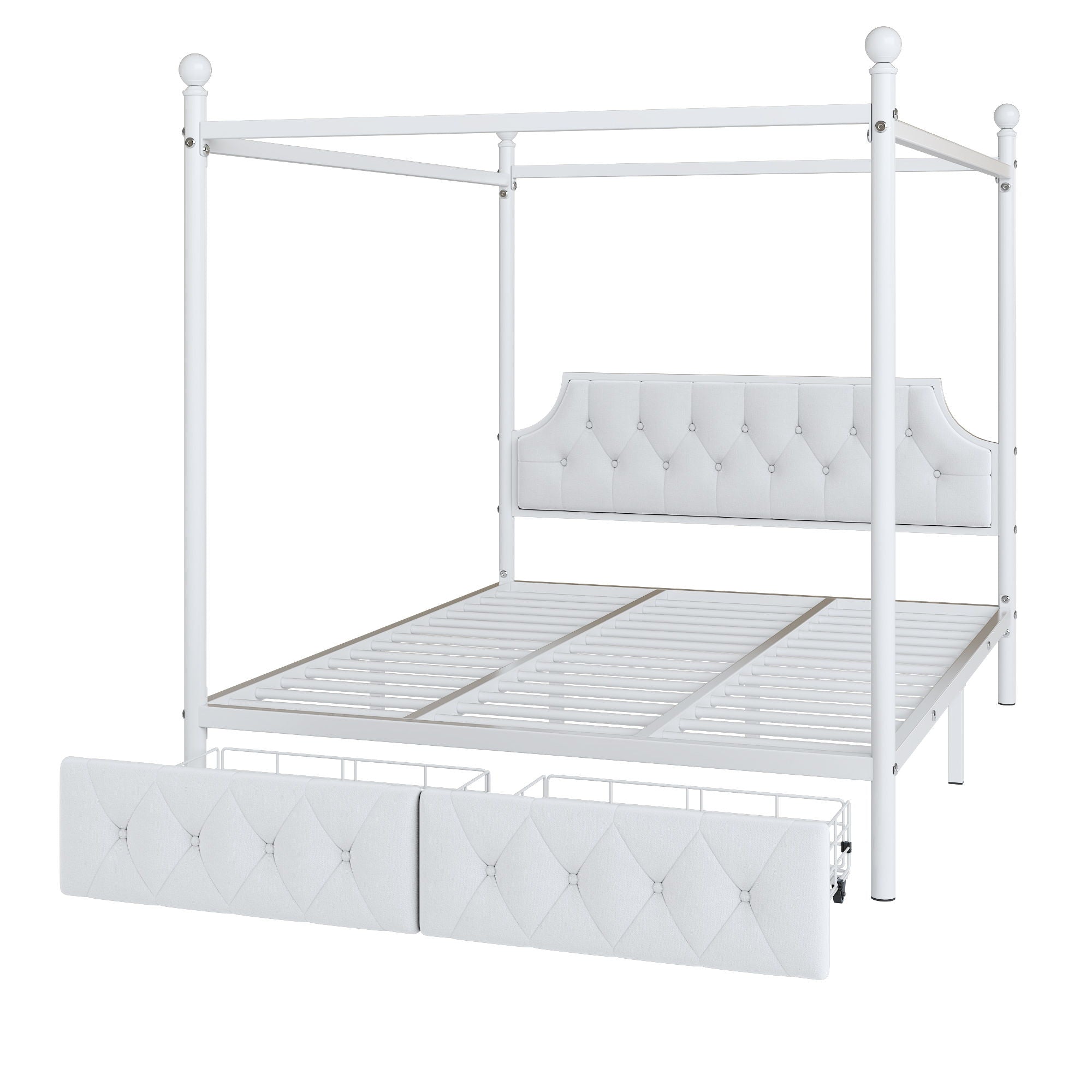 Canopy Platform Bed With Upholstered Headboard And 2 Storage Drawers - White