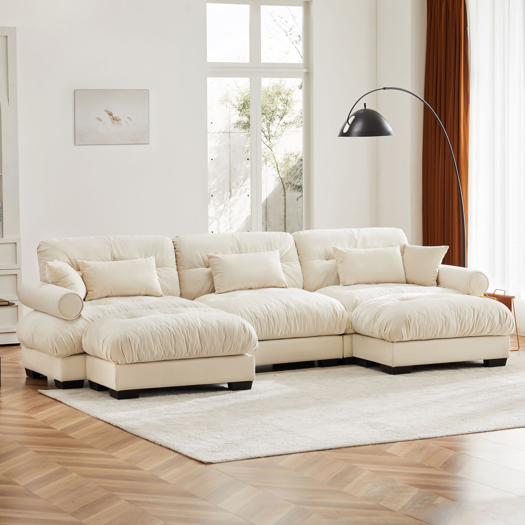 Modern Sectional Sofa With Ottoman, Round Bolster Armrests, Waist And Throw Pillows