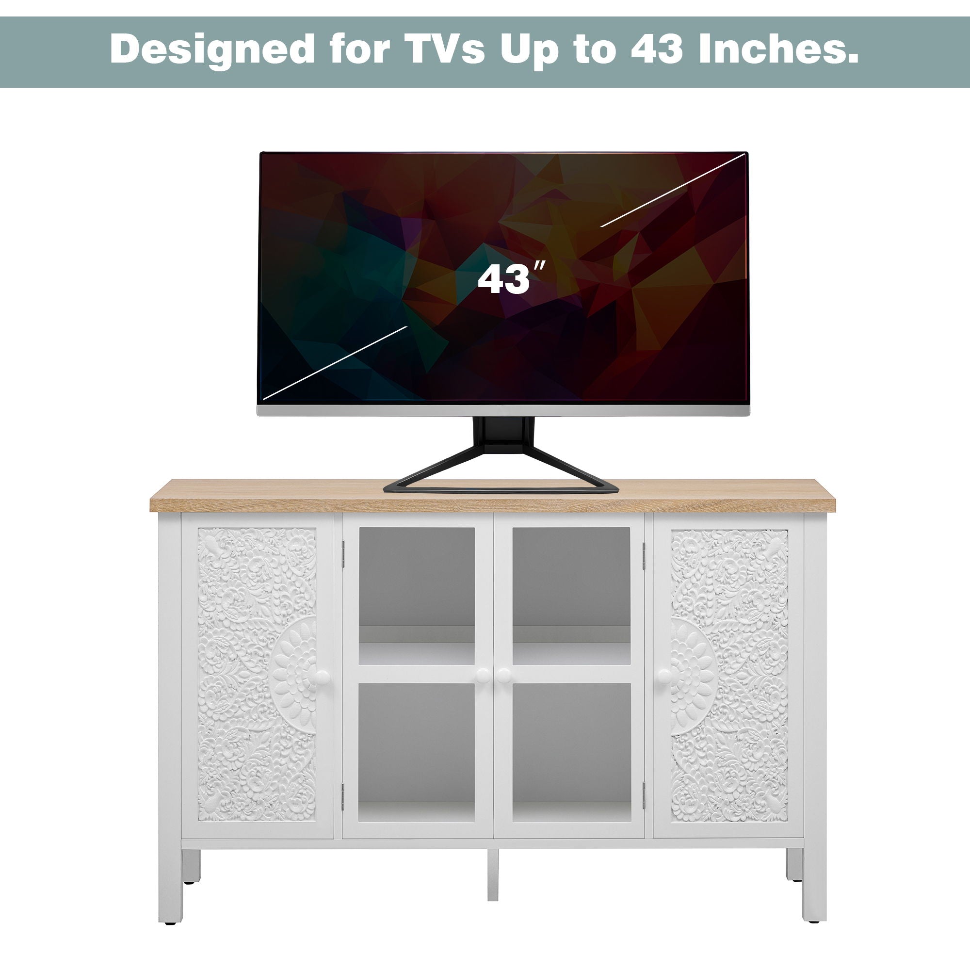 Retro TV Stand With 3 Spacious Cabinets, Glass Cabinet Doors And Anti-Tip Device