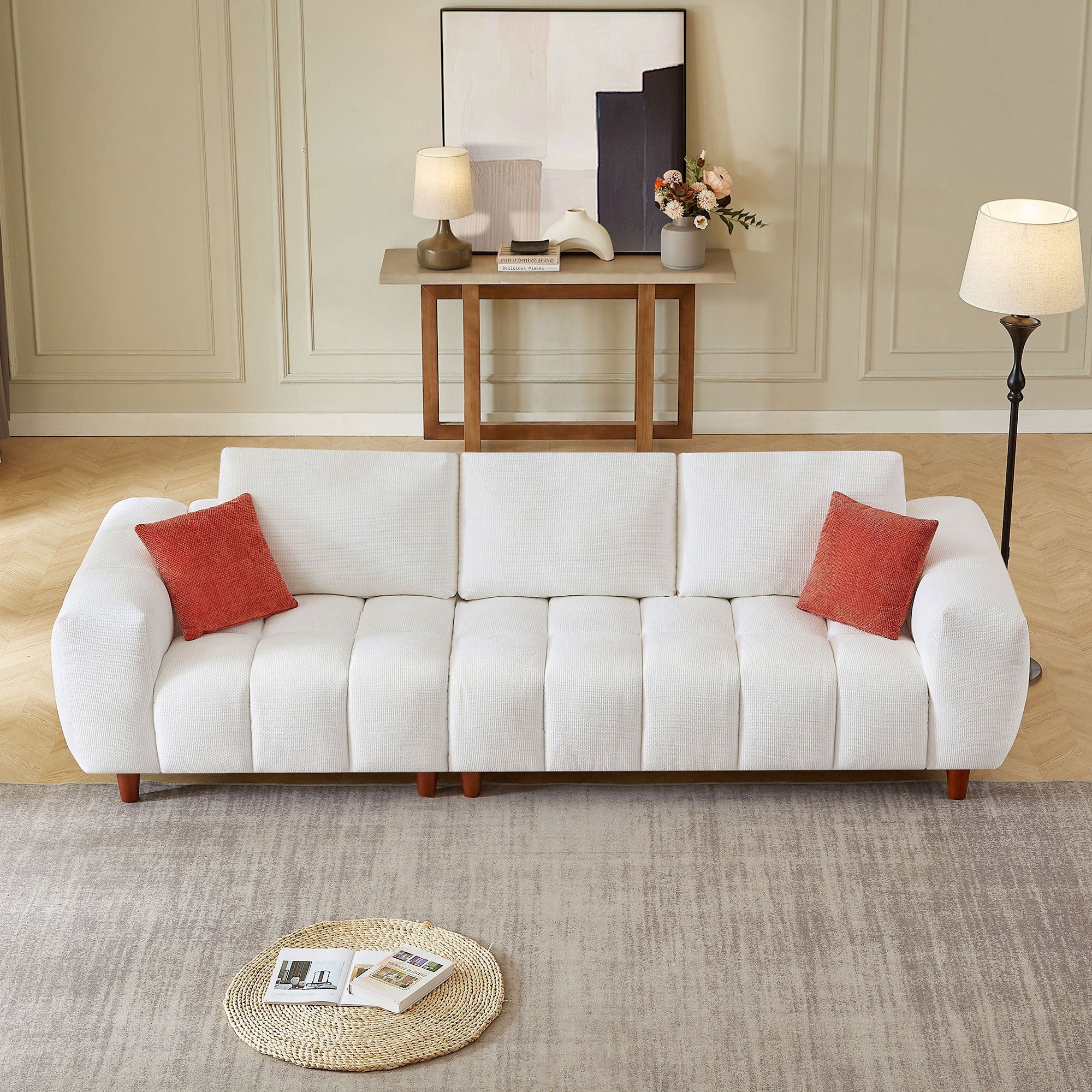 111.81 Inch Sectional Sofa Couch Fabric Couch in White