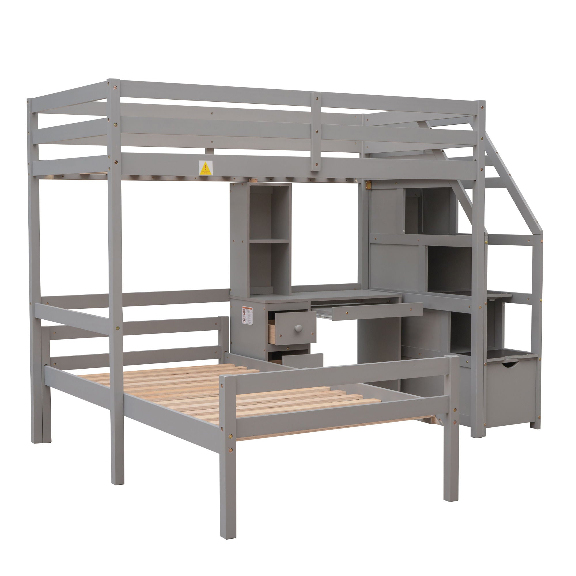 Loft Bed With Stand Alone Bed, Storage Staircase, Desk, Shelves, And Drawers