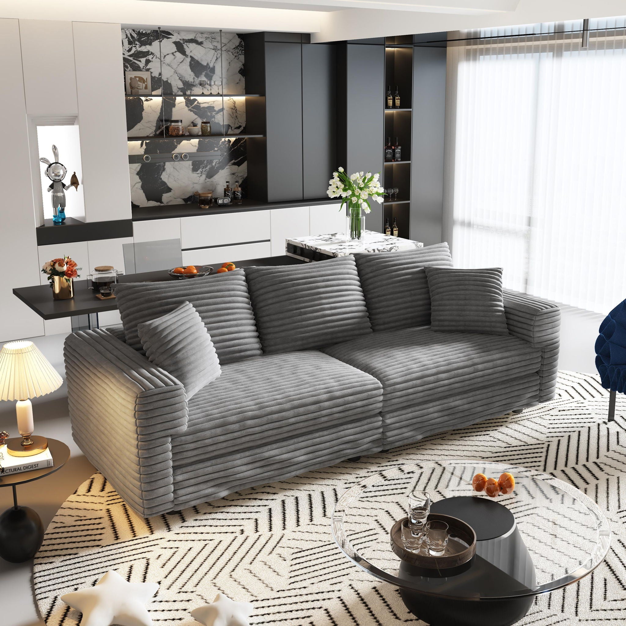 Deep Seat Convertible Sofa With Soft Pillows And Ottomans