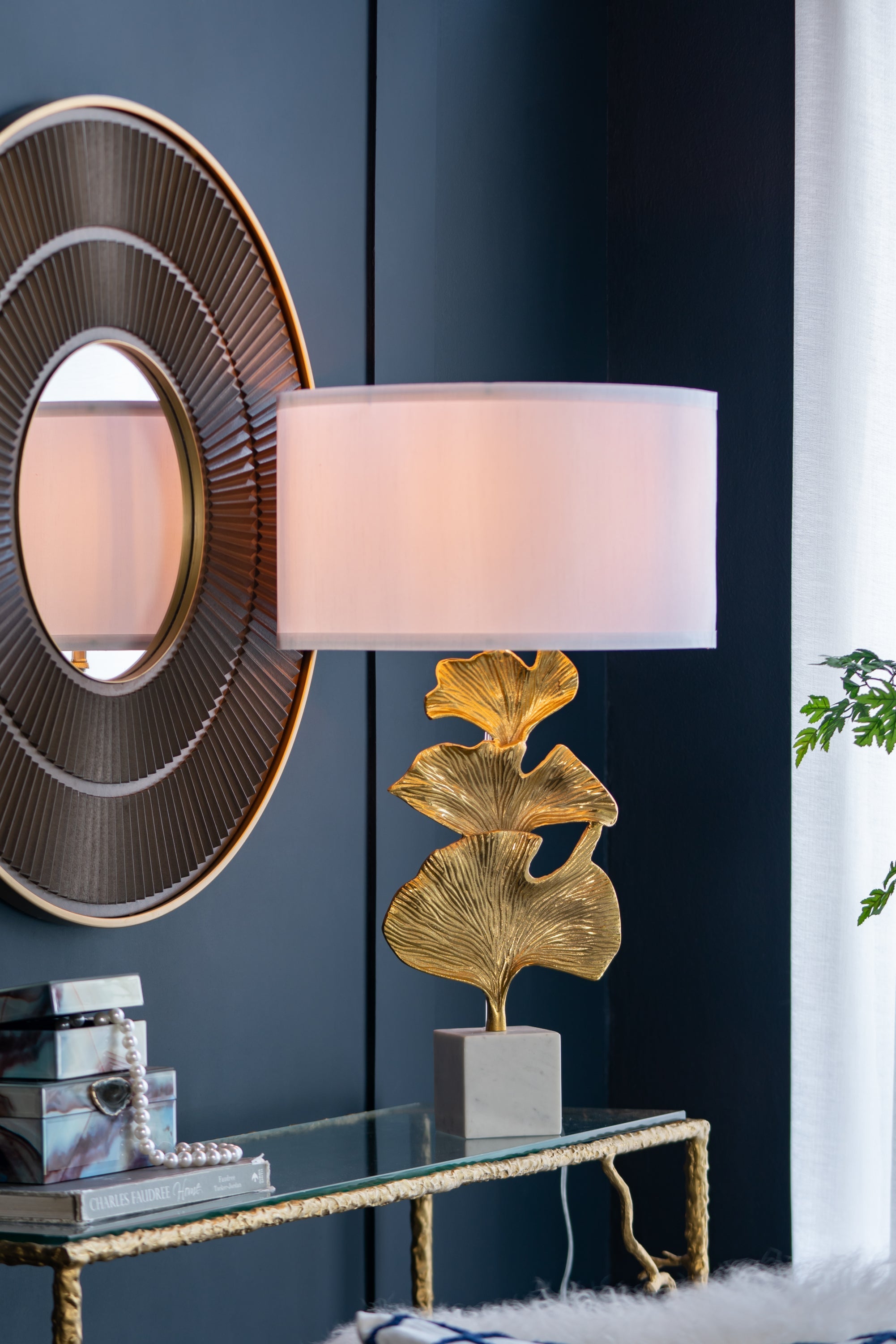 Gold Ginkgo Leaf Table Lamp with Marble Base and White Drum Shade