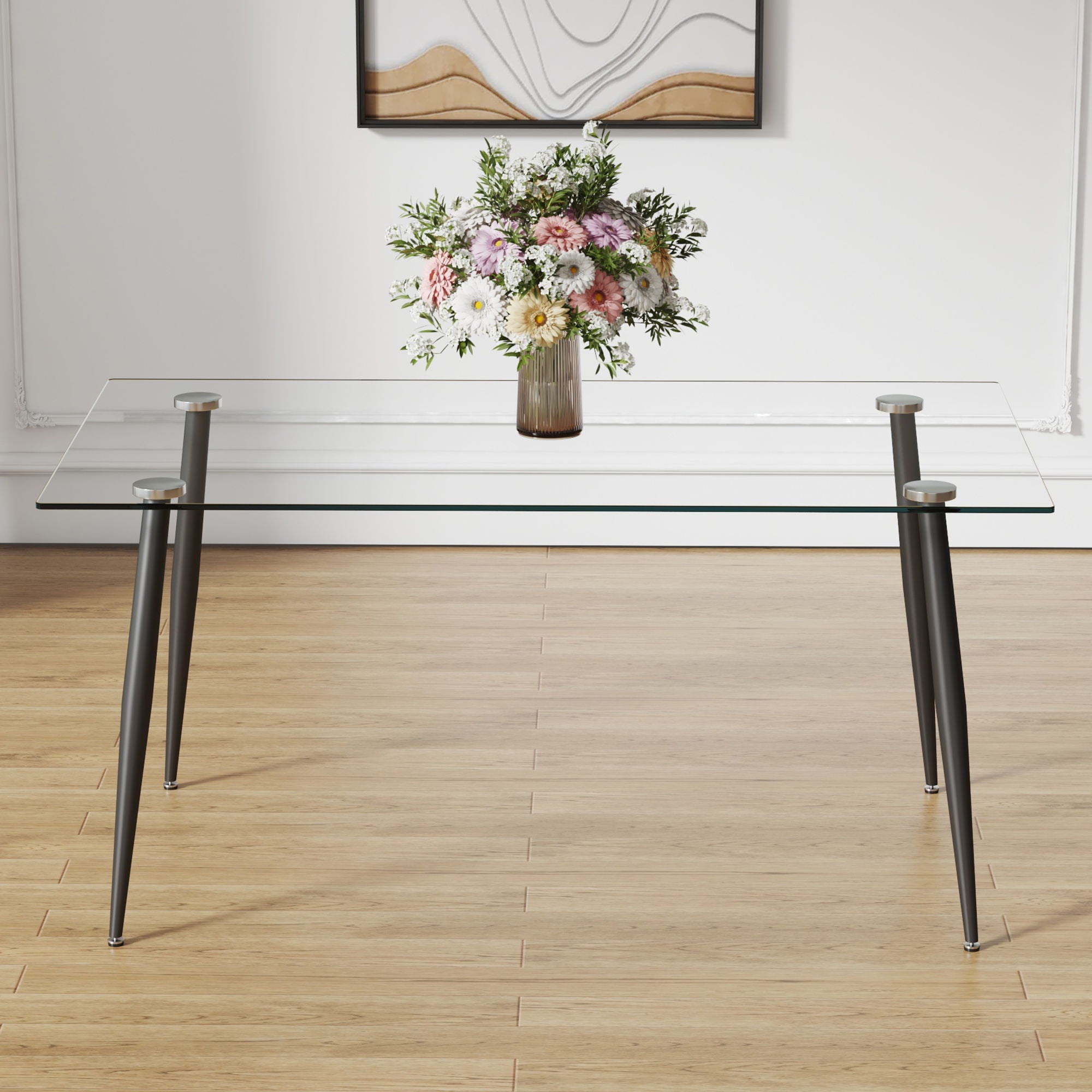 Modern Rectangular Glass Dining Table For 4 - 6 People With Tempered Glass Countertop