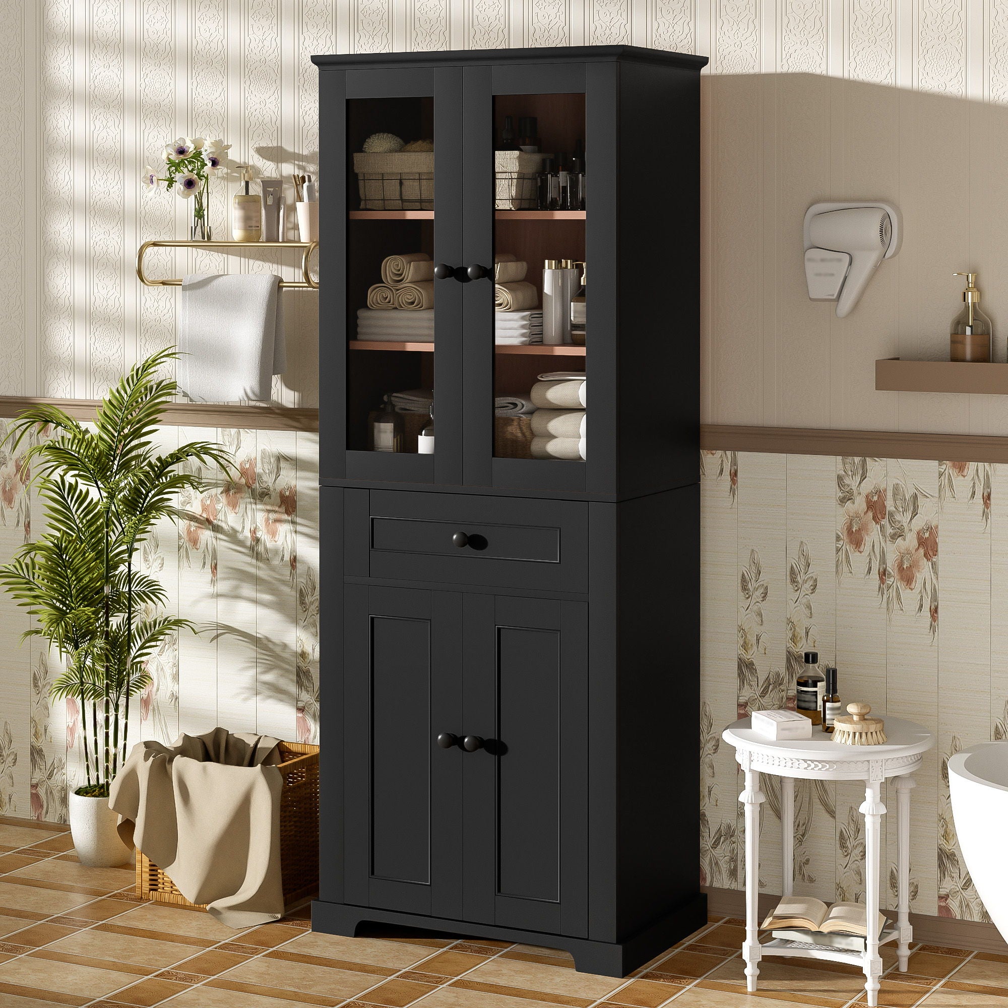 Bathroom Storage Cabinet, Adjustable Shelves & Drawer, Freestanding Linen Tower