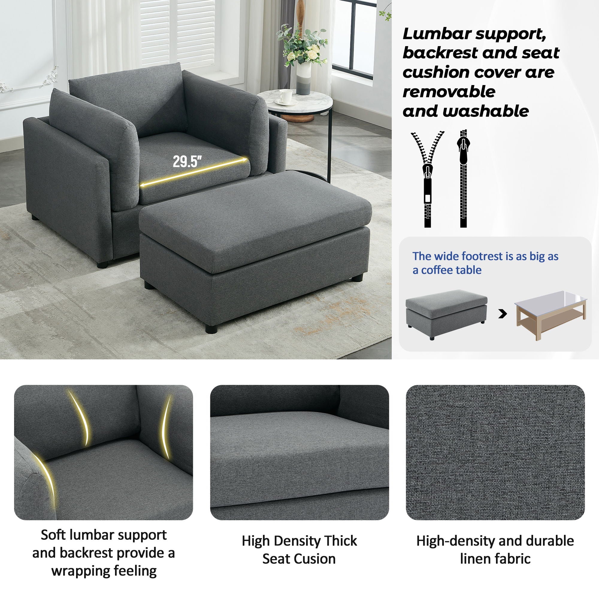 Wide Modern Oversized Armchair With Ottoman Stool, Single Sofa With Lumbar Support, Accent Chair