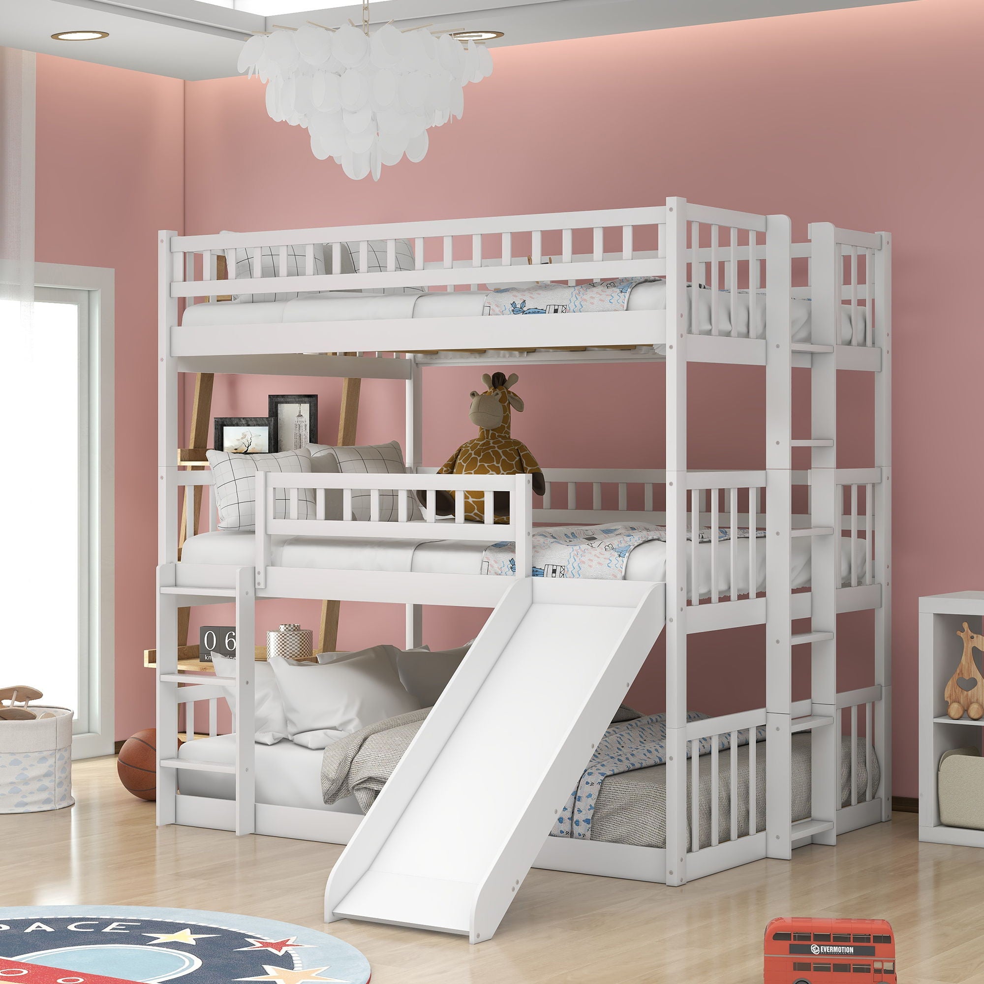 Triple Bed With Built-In Ladder And Slide, With Guardrails