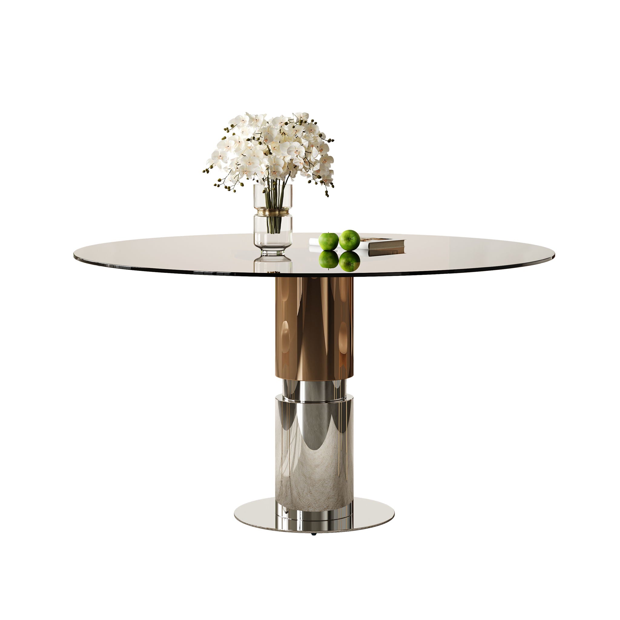 Round Glass Dining Table With Stainless Steel Legs And Chairs