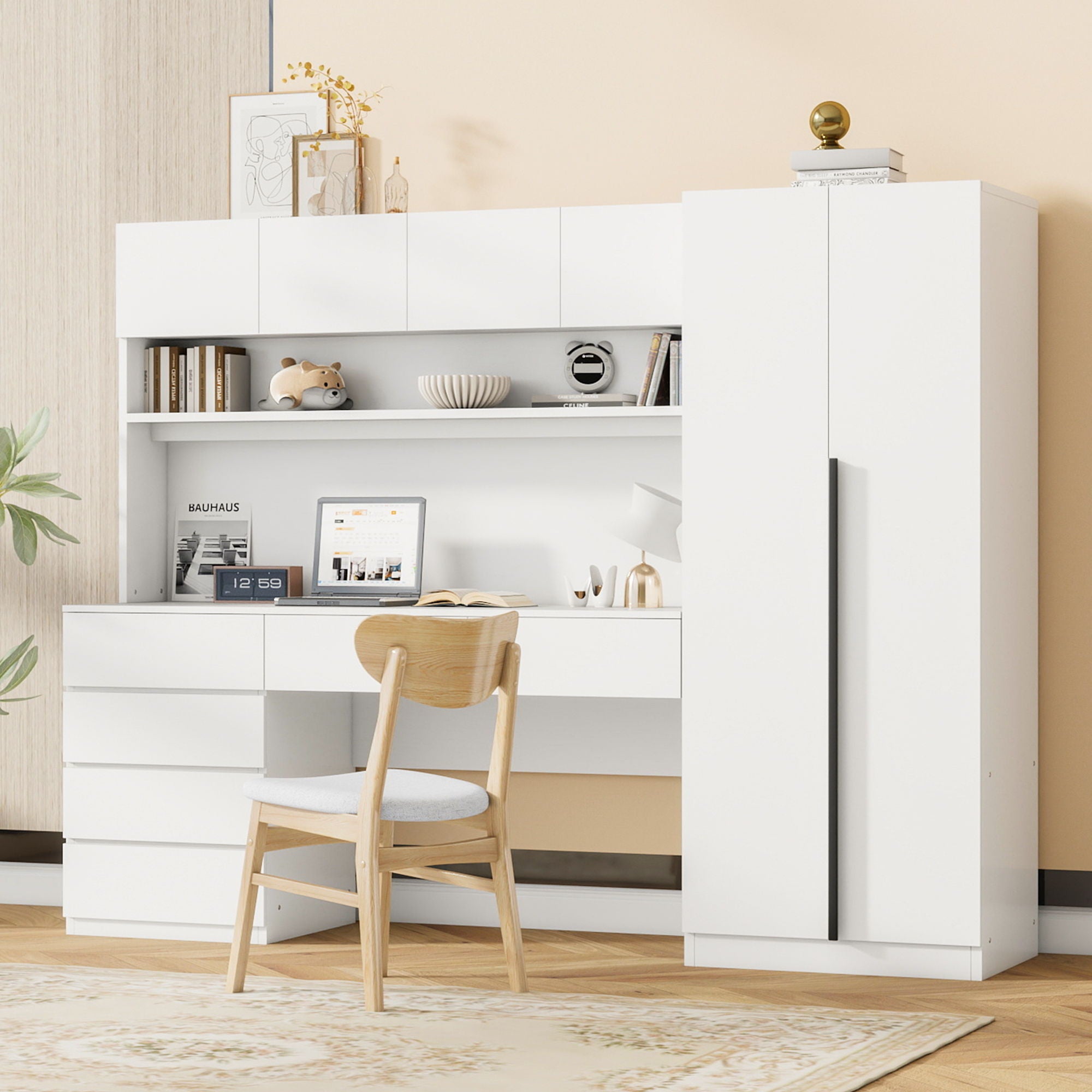 2 Door Storage Desk Wardrobe For Bedroom With Shelves And Drawers