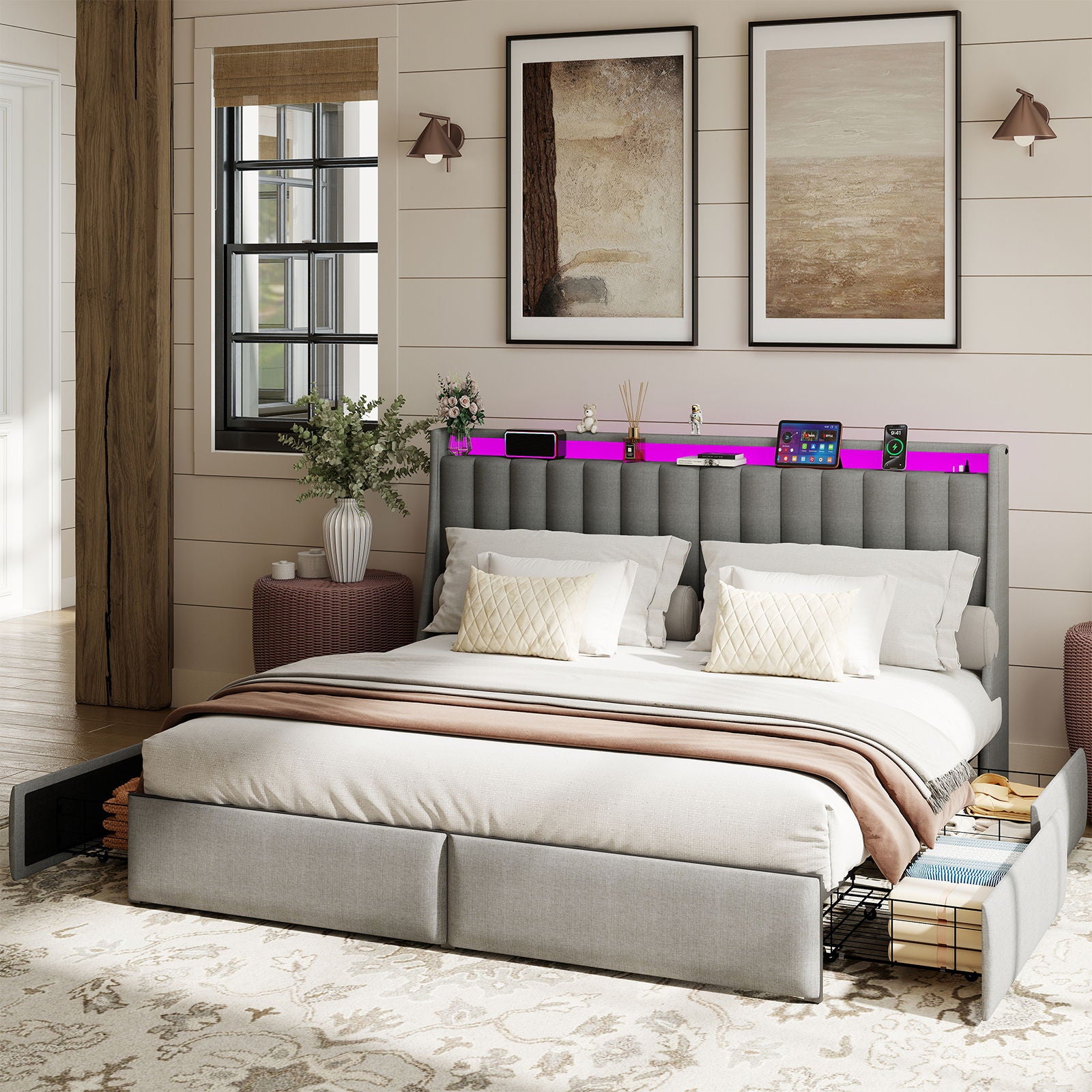 King Upholstered Bed Frame With 4 Storage Drawers, RGB LED Lights & USB / Type-C Charging Station, No Box Spring Needed - Gray