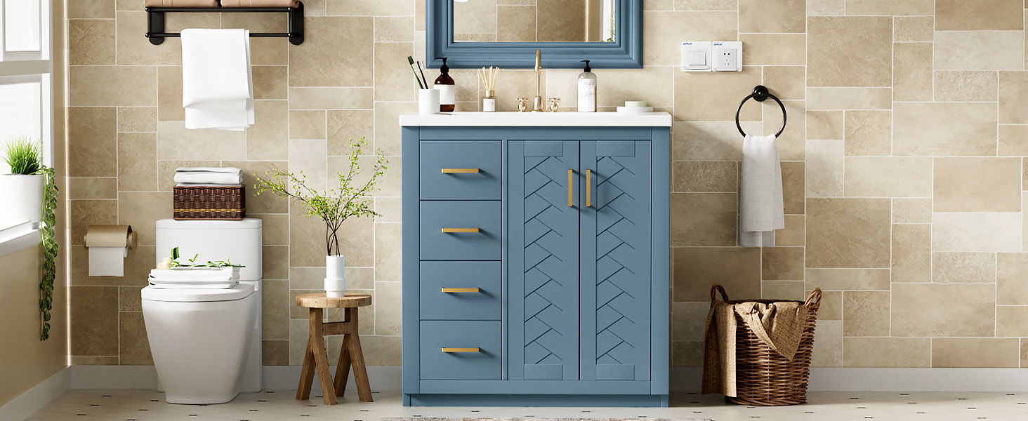 Ceramic Sink Combo, Freestanding Vanity Set With 3 Drawers & Soft Closing Doors