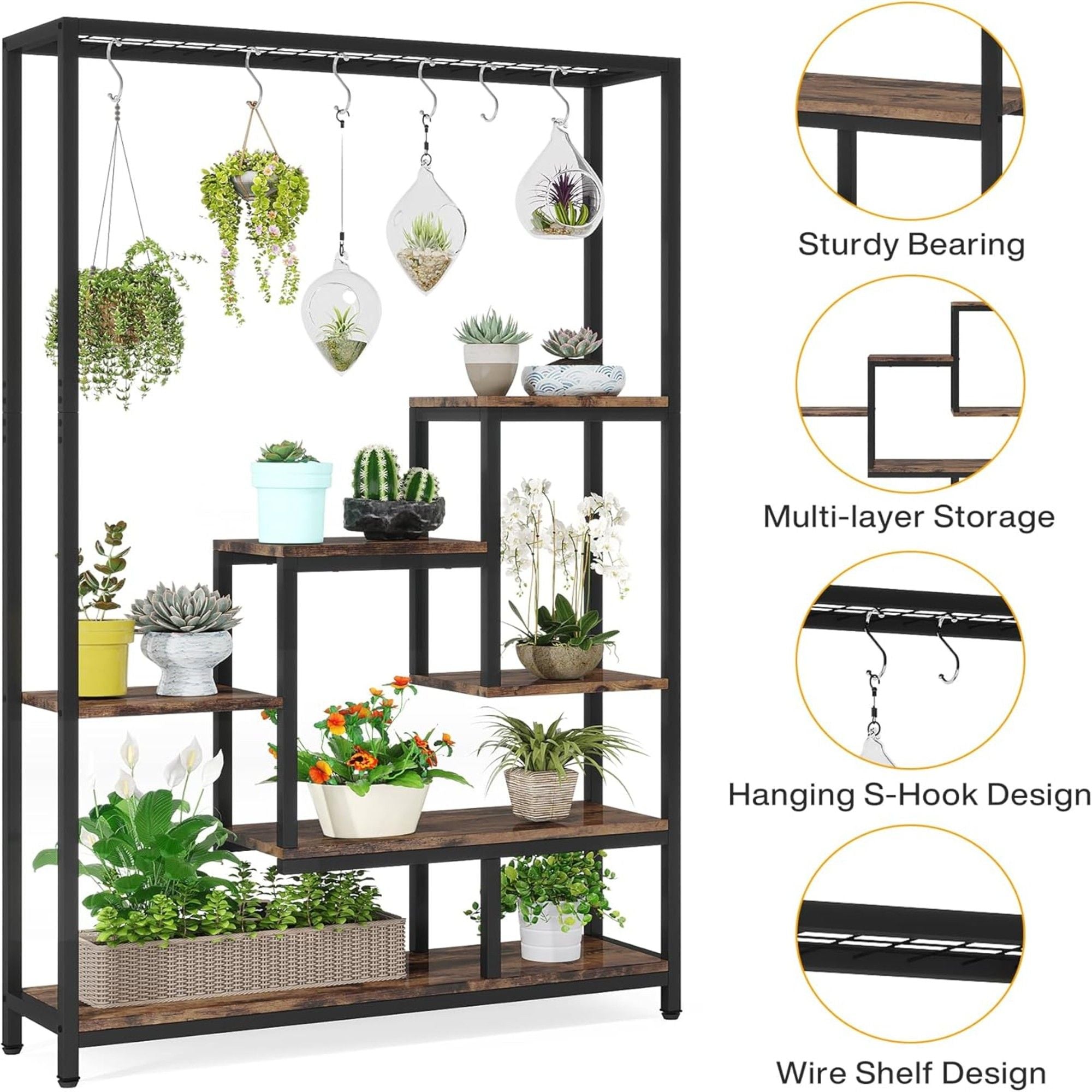 5 Tier Plant Stand With 6 Hooks For Living Room - Brown / Black