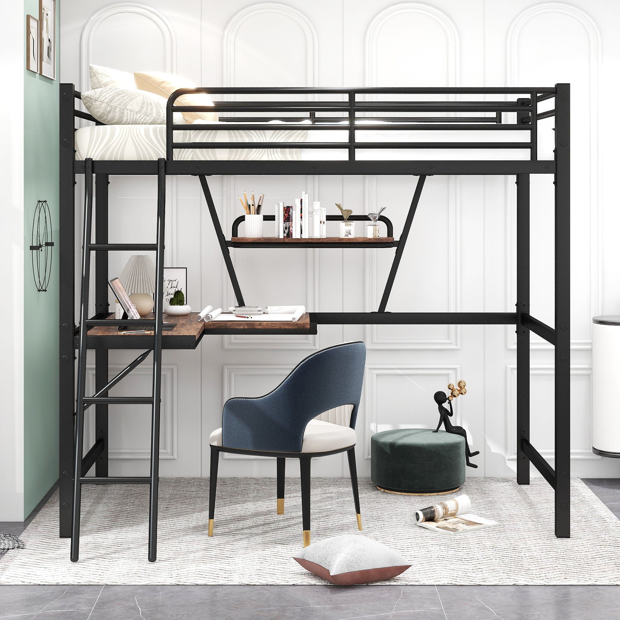 Loft Bed With Desk And Shelf, Modern Design