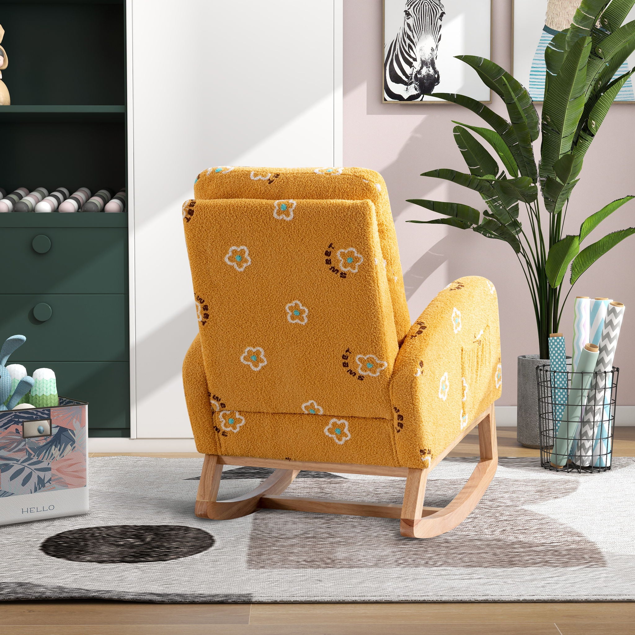 Modern Accent Rocker Armchair With Side Pocket, Upholstered High Back