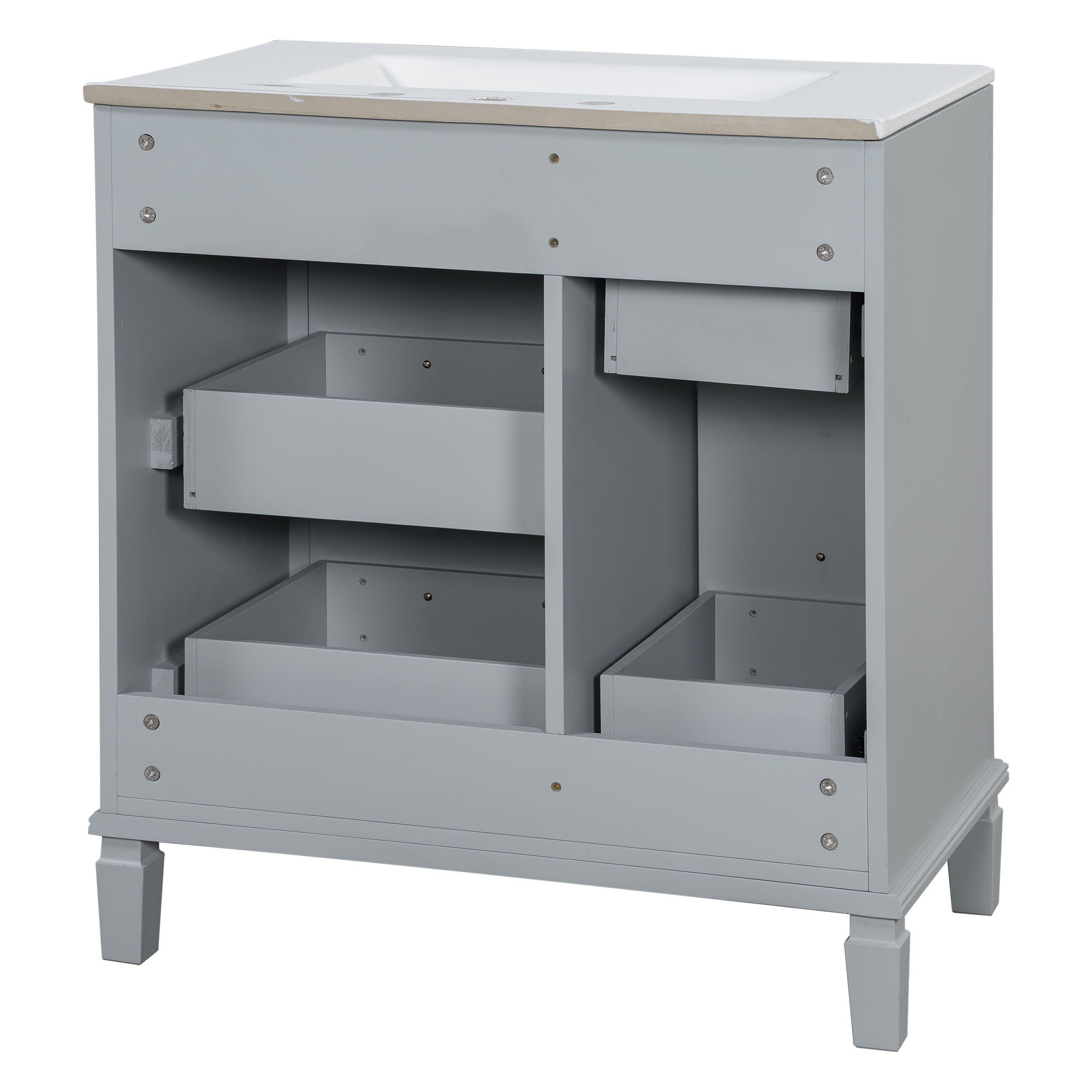 Bathroom Vanity With Ceramic Sink, Flip Out Drawer Design For Plumbing, Soft Close Drawers
