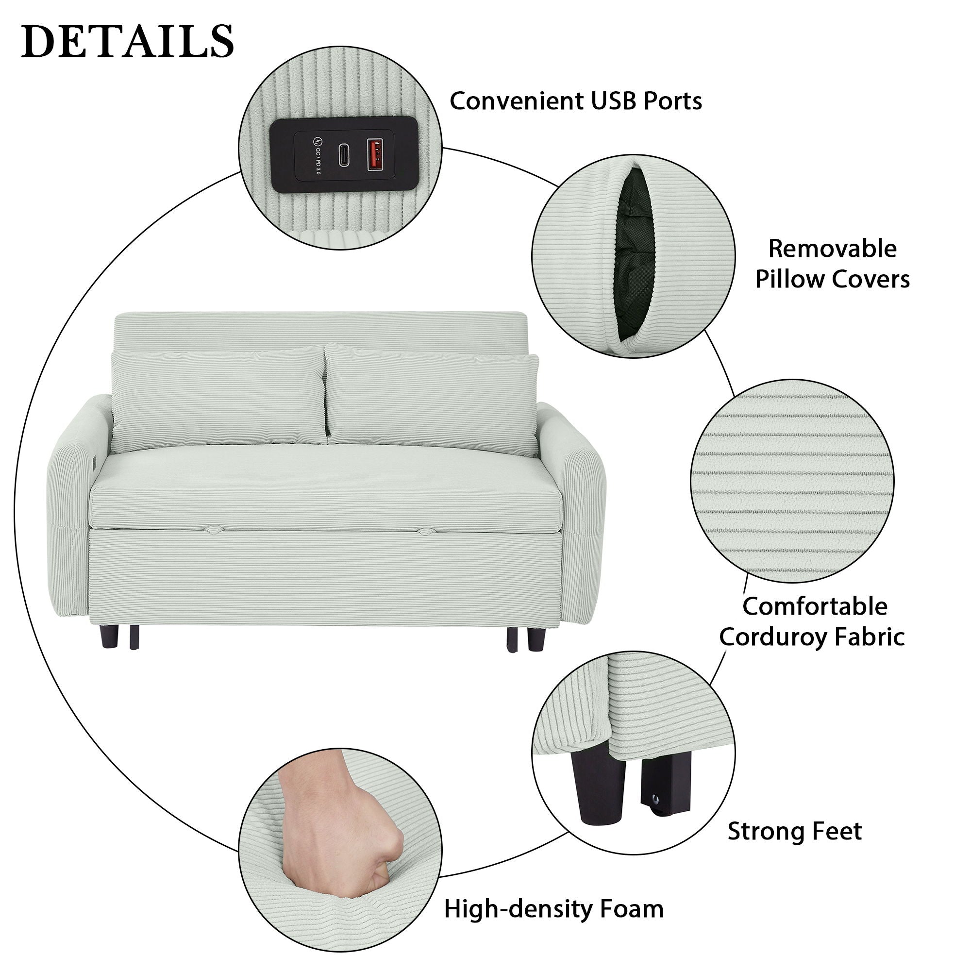 Pull-Out 2 Seat Modern Sleeper Sofa With 2 Throw Pillows And USB Ports