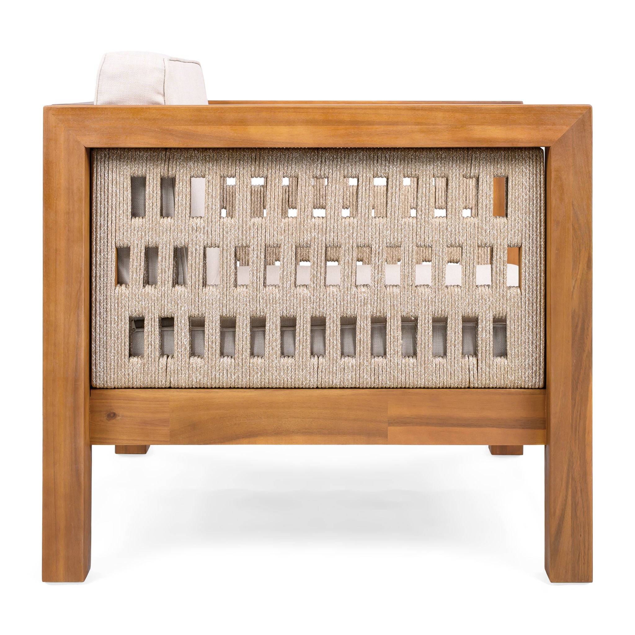 Outdoor Club Chair & Rope Arm And Cushions - Beige / Teak