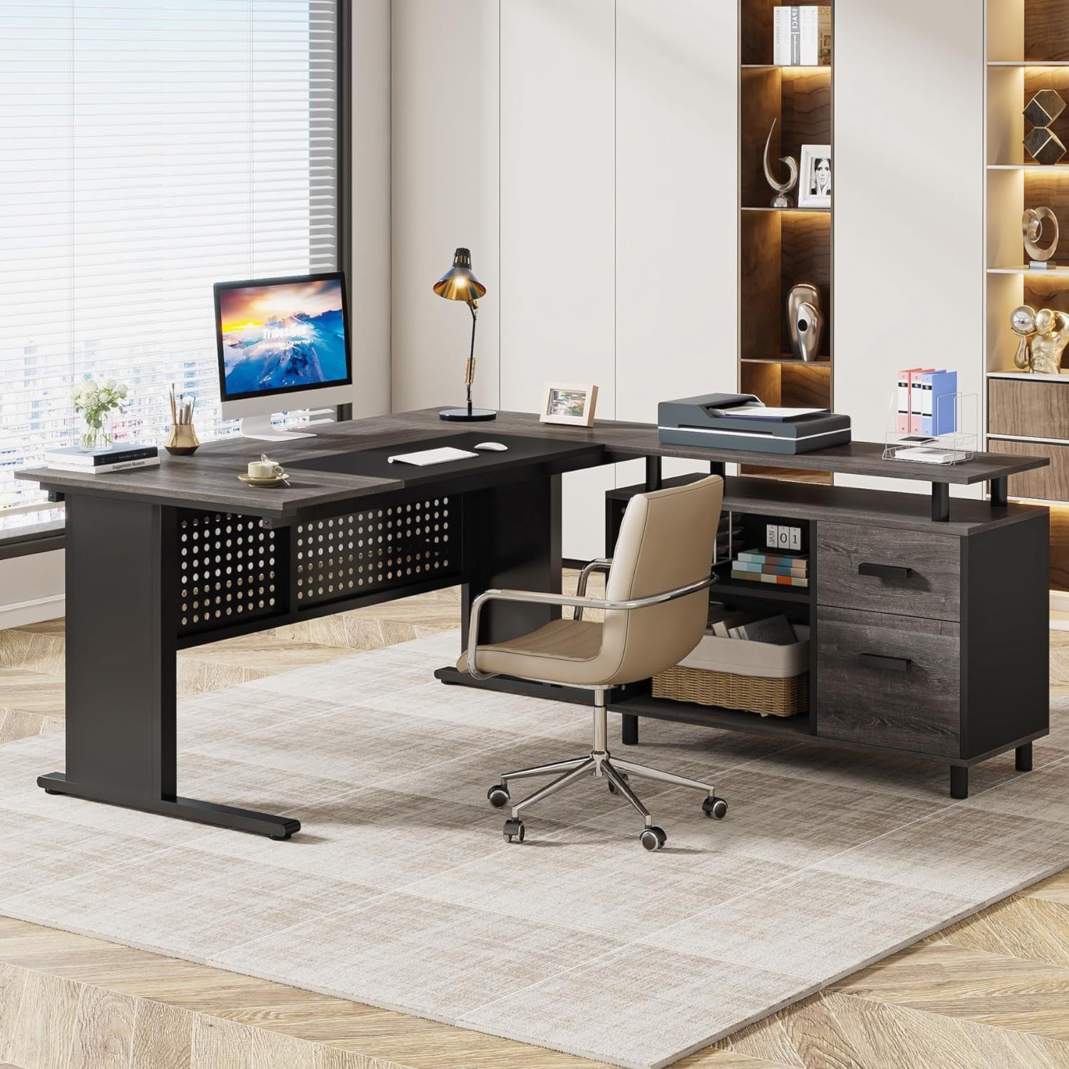 Modern Executive Desk with File Cabinet, Large Modern Office Desk with Drawers, Shelves & Storage, Gray and Black