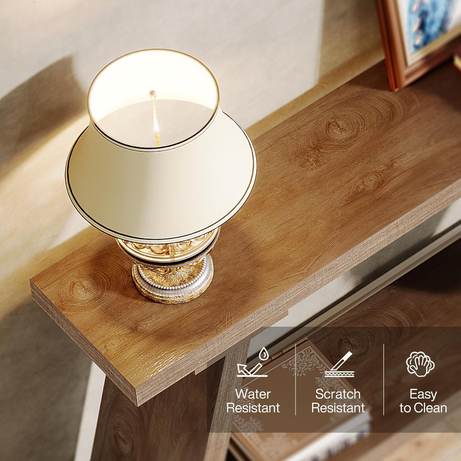 Console Table Extra Long Sofa Table With 2 Tier Shelves For Living Room Foyer - Natural / Light Brown