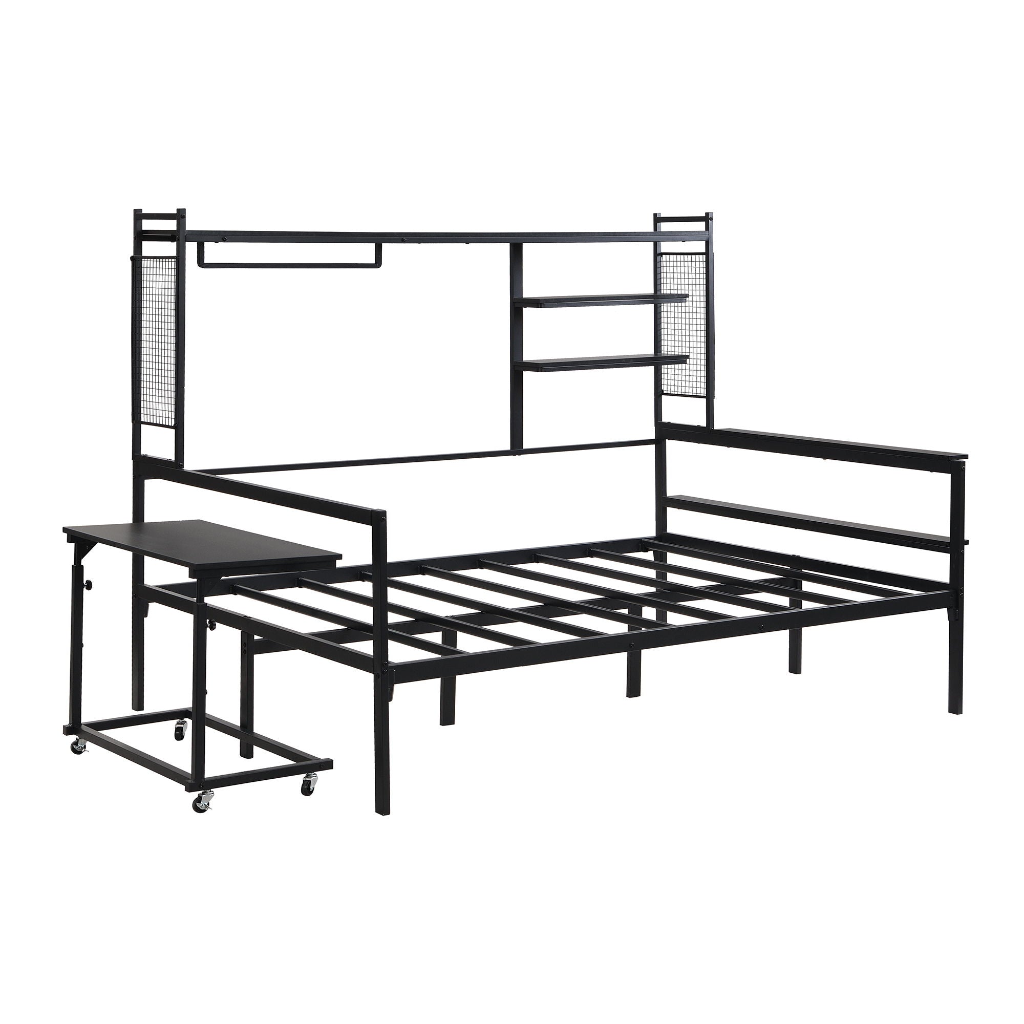 Daybed With Movable Desk, Grid, Shelves And Clothes Hanger