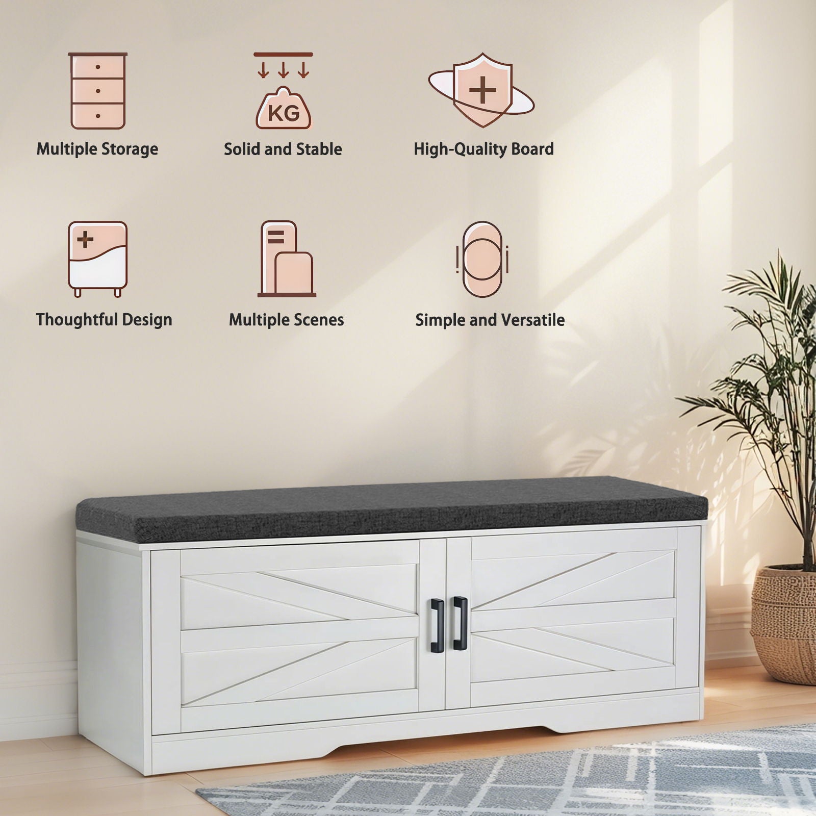2 Tier Shoe Bench With Padded Seat, 2 Barn Doors And Adjustable Shelves, For Entryway And Living Room - White