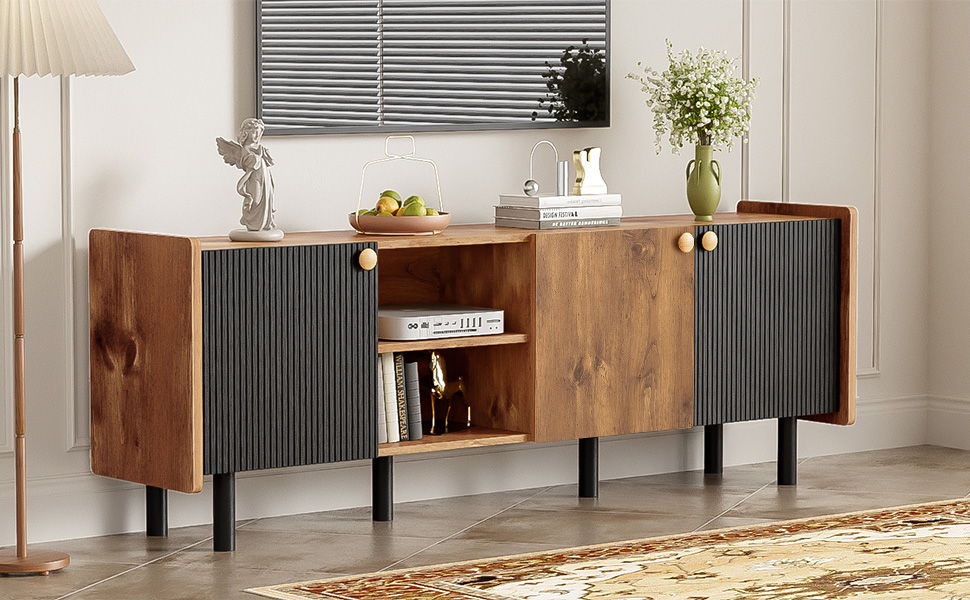 Mid Century TV Stand & 3 Cabinets, Media Console Table For Tvs Up To 70'', Entertainment Center With Storage For Living Room - Black / Brown