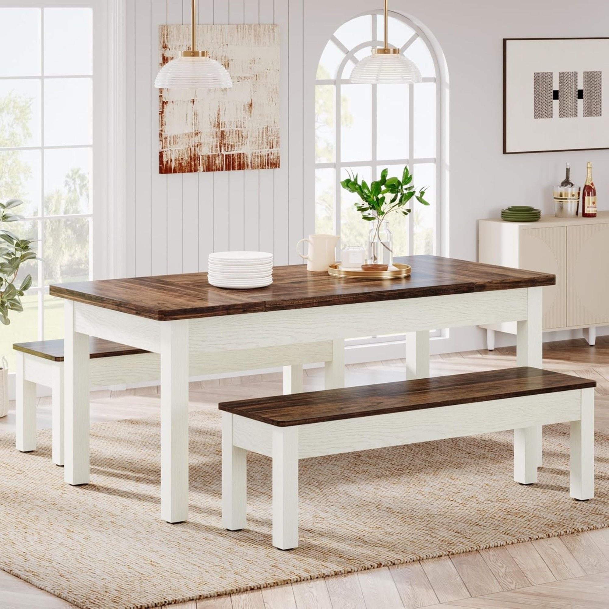 Dining Table Set For 4 - 6 With Tuck Under Benches - Brown / White
