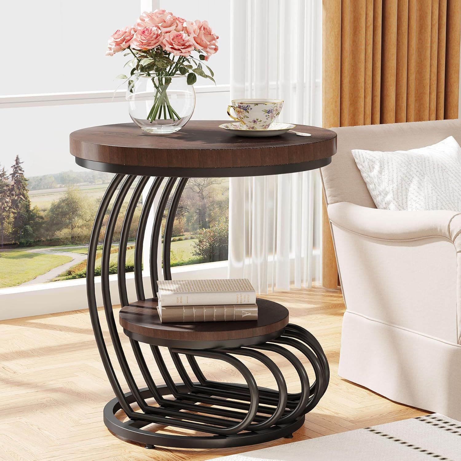 Round Vintage End Table With 2 Tier Storage