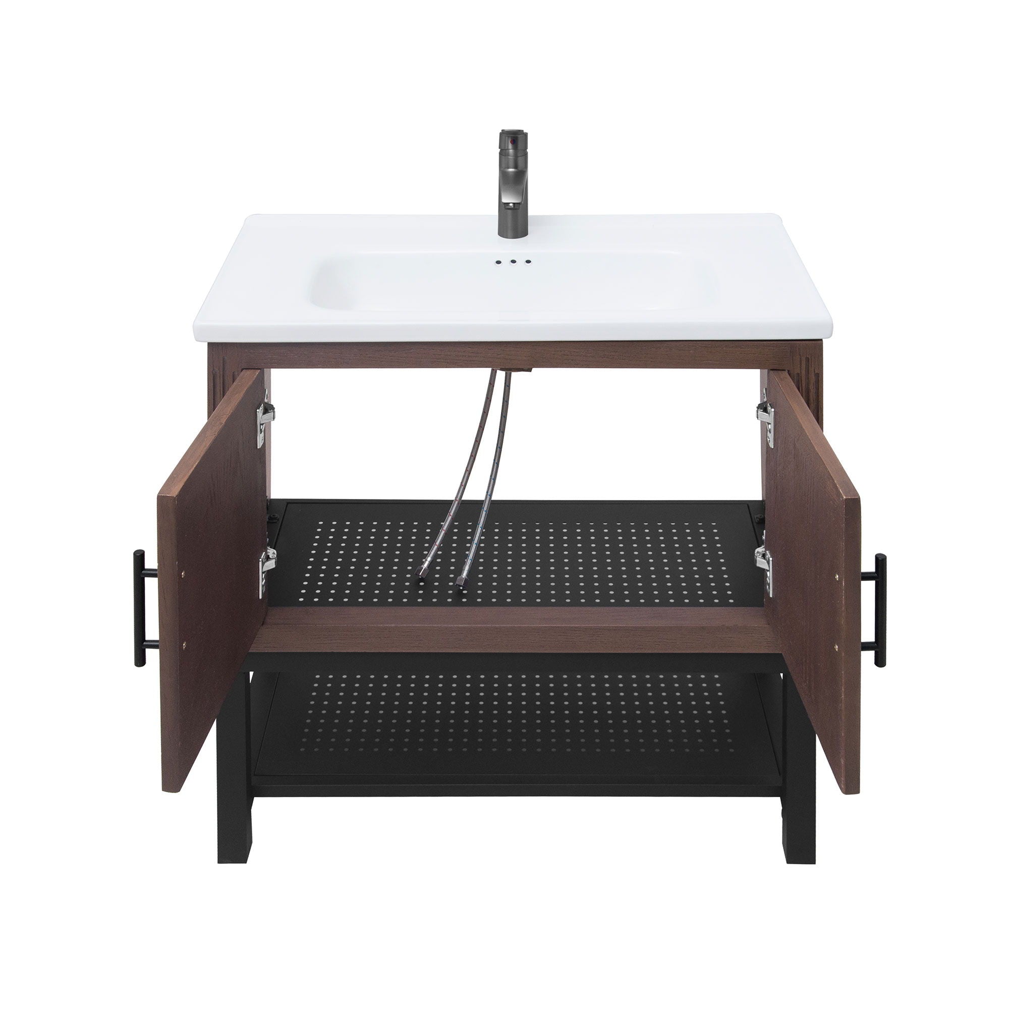 Modern Freestanding Bathroom Vanity With Ceramic Sink, Hot And Cold Faucet, Storage Cabinet & Open Shelf