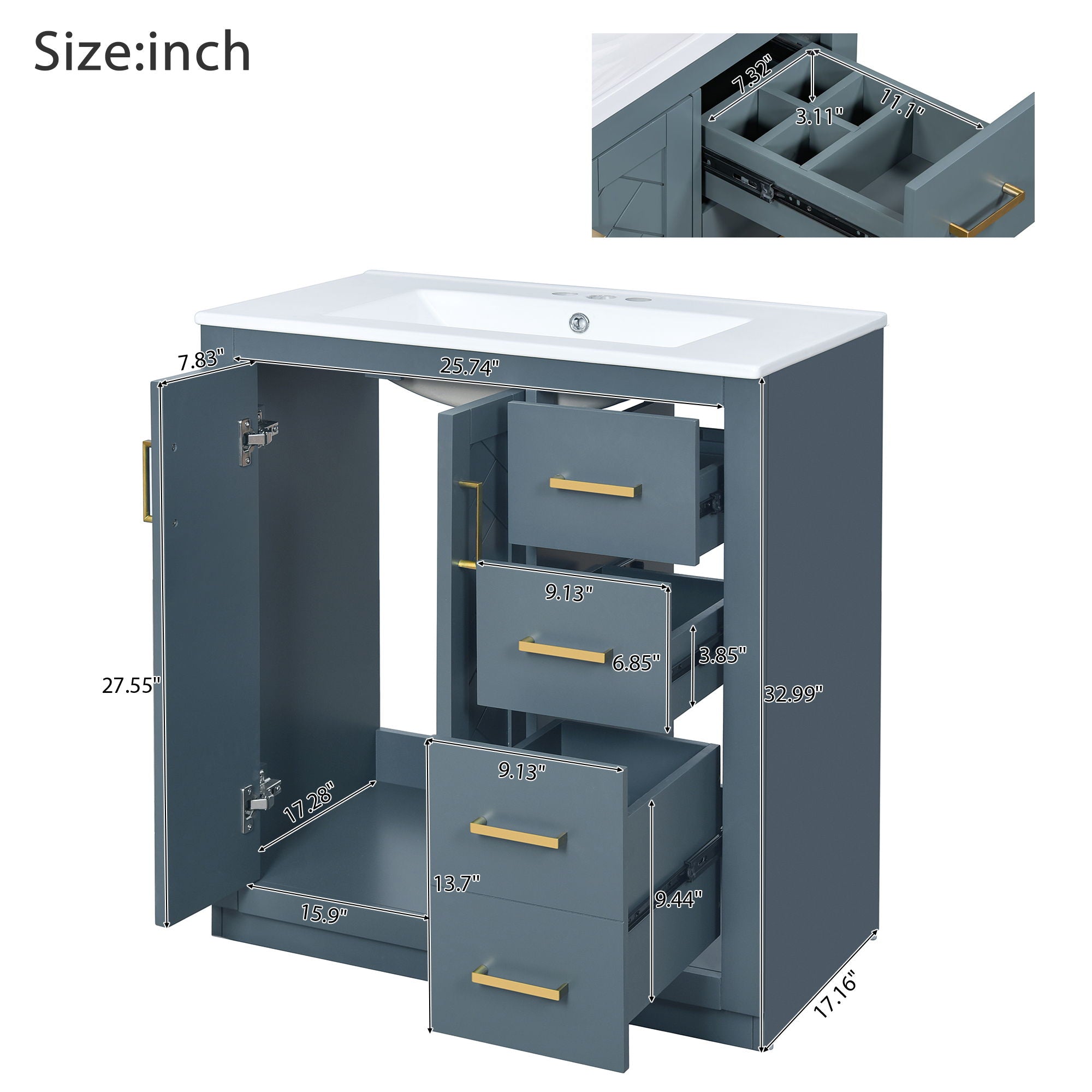 Bathroom Vanity With Sink, Storage Cabinet, Freestanding Set With 3 Drawers & Soft Closing Doors