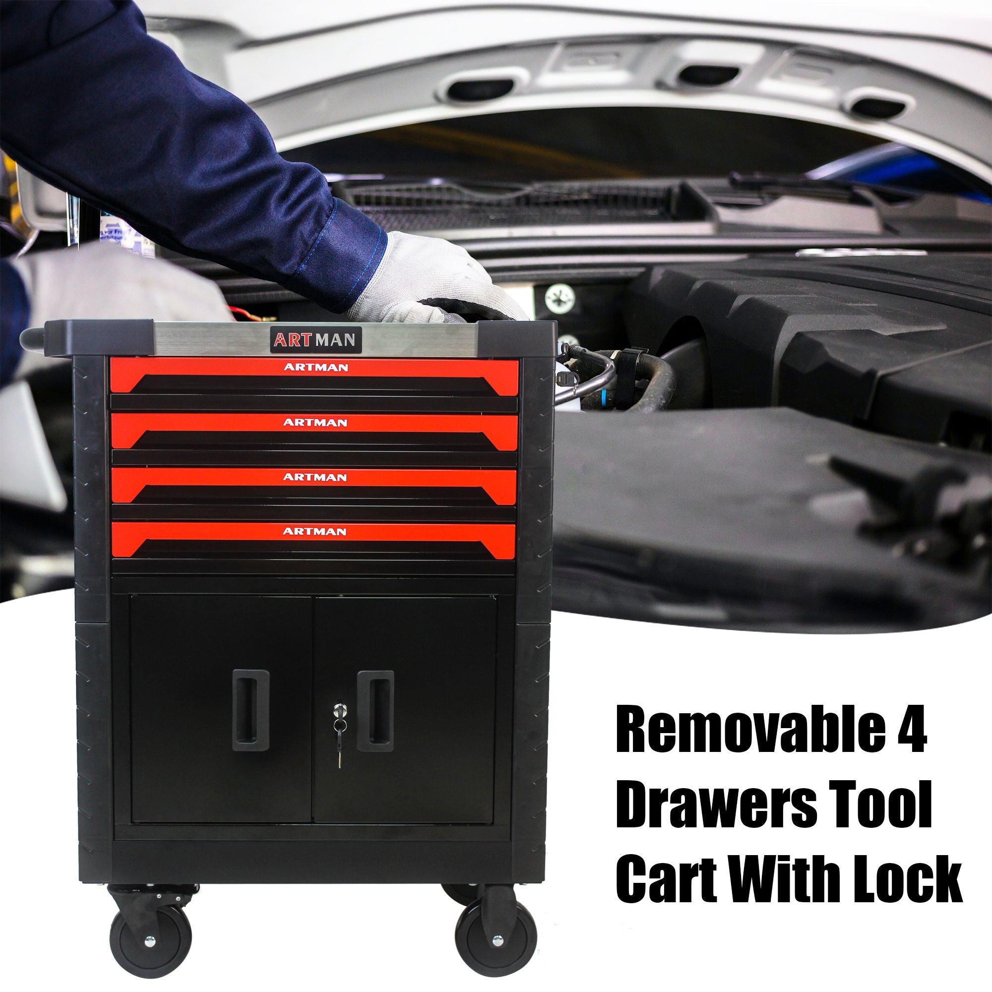 Removable 4 Drawer Metal Tool Cart With Lock - Black / Red