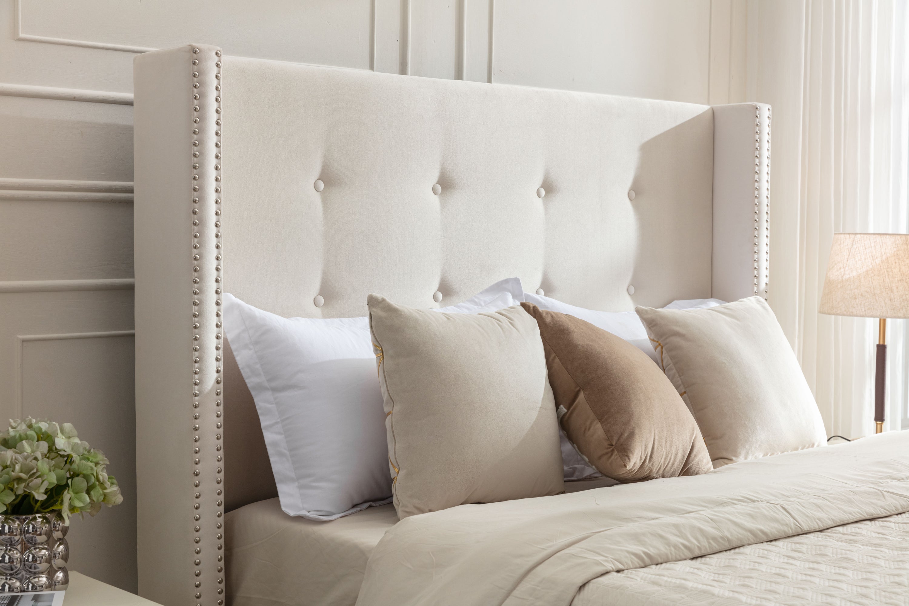 Luxury Wingback Upholstered Bed Frame – King or Queen Sizes, Ivory or Navy Fabric