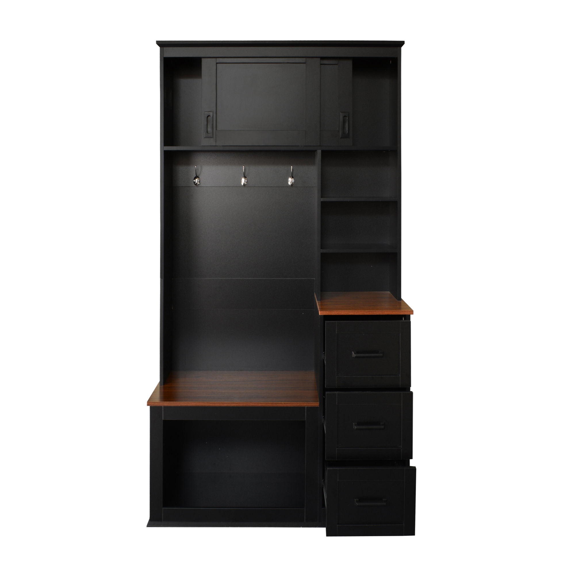 Modern Wide Hall Tree With Coat Rack, 3 Shelves And Drawers, 3 Sturdy Hooks